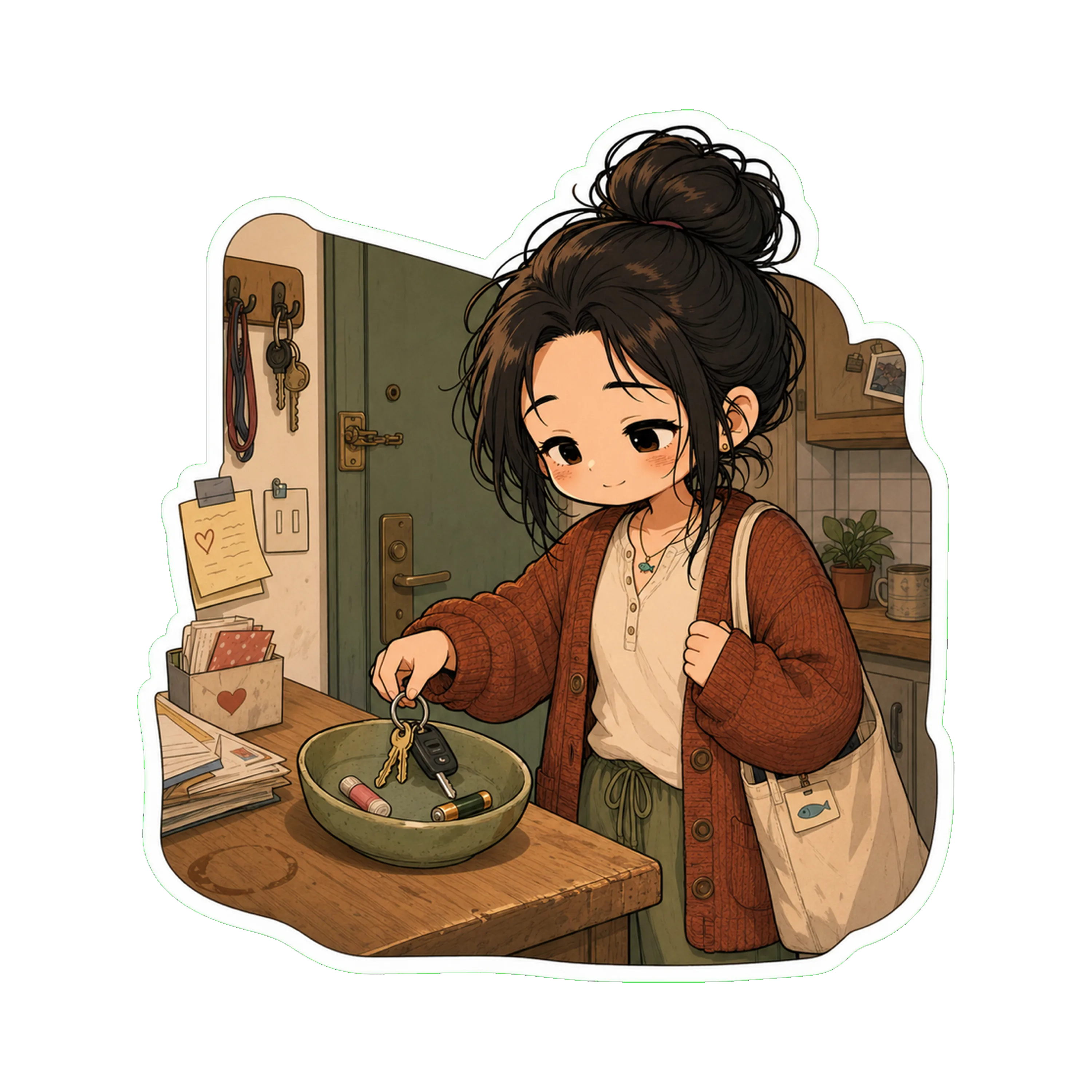 Jan's kitchen counter near the door, a small uneven hand-thrown bowl with house keys, lip balm, and a single AAA battery sitting in it