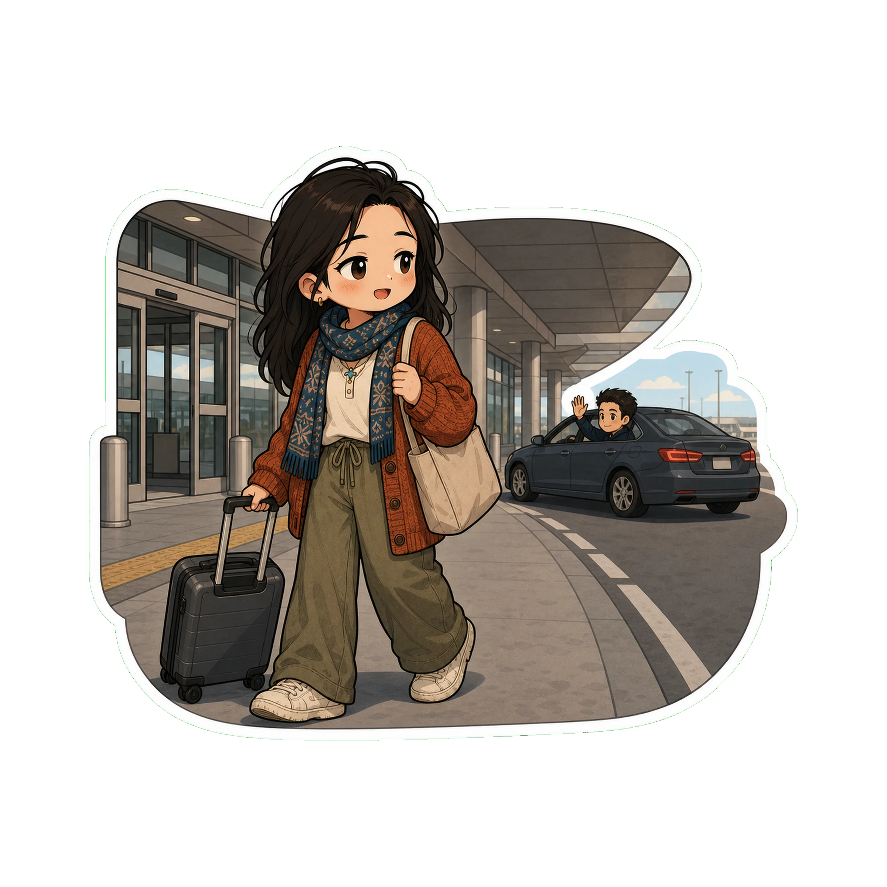 Jan walking out of the SFO arrivals automatic doors into the gray covered curb, rolling a small carry-on