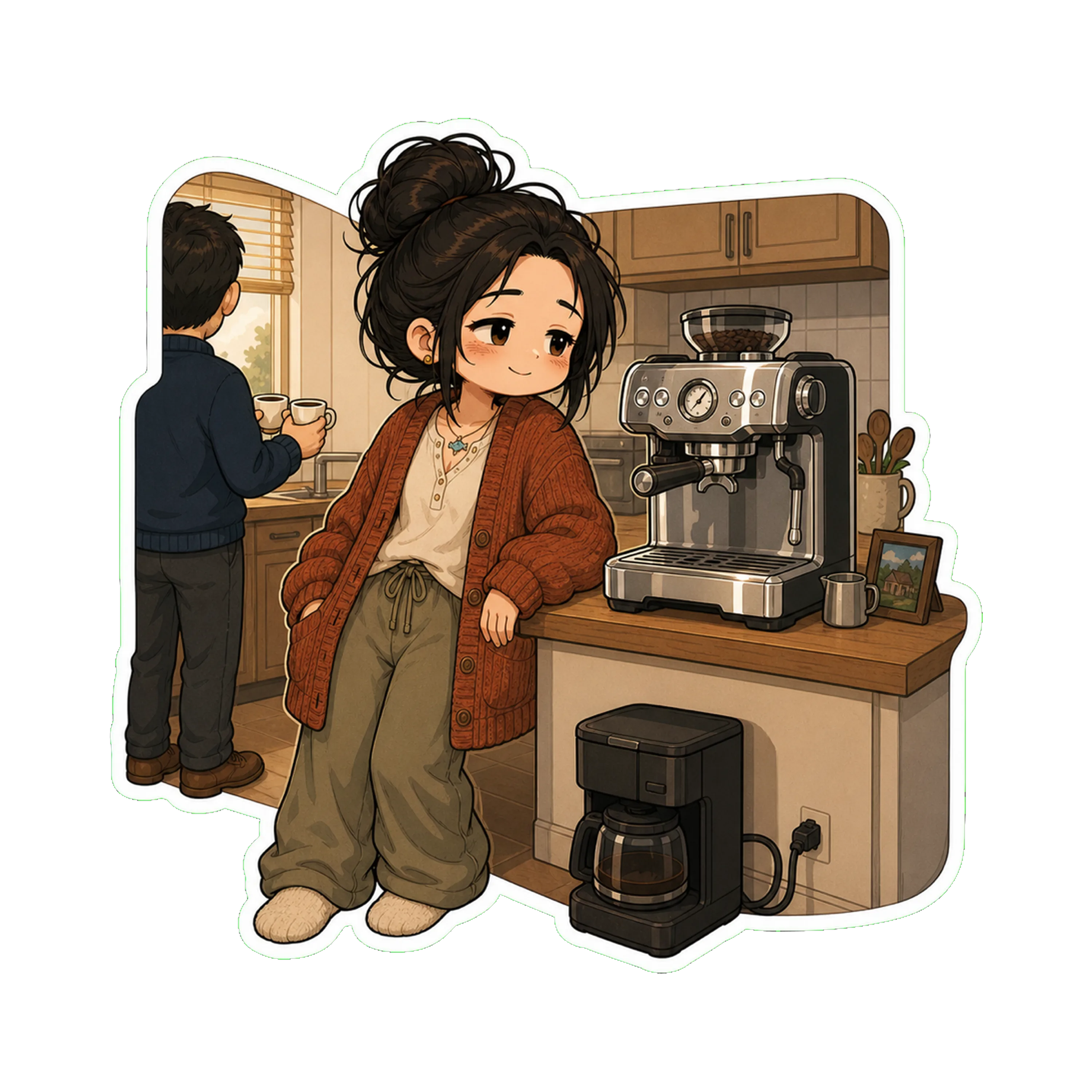 Jan in her dad's kitchen, leaning against the counter