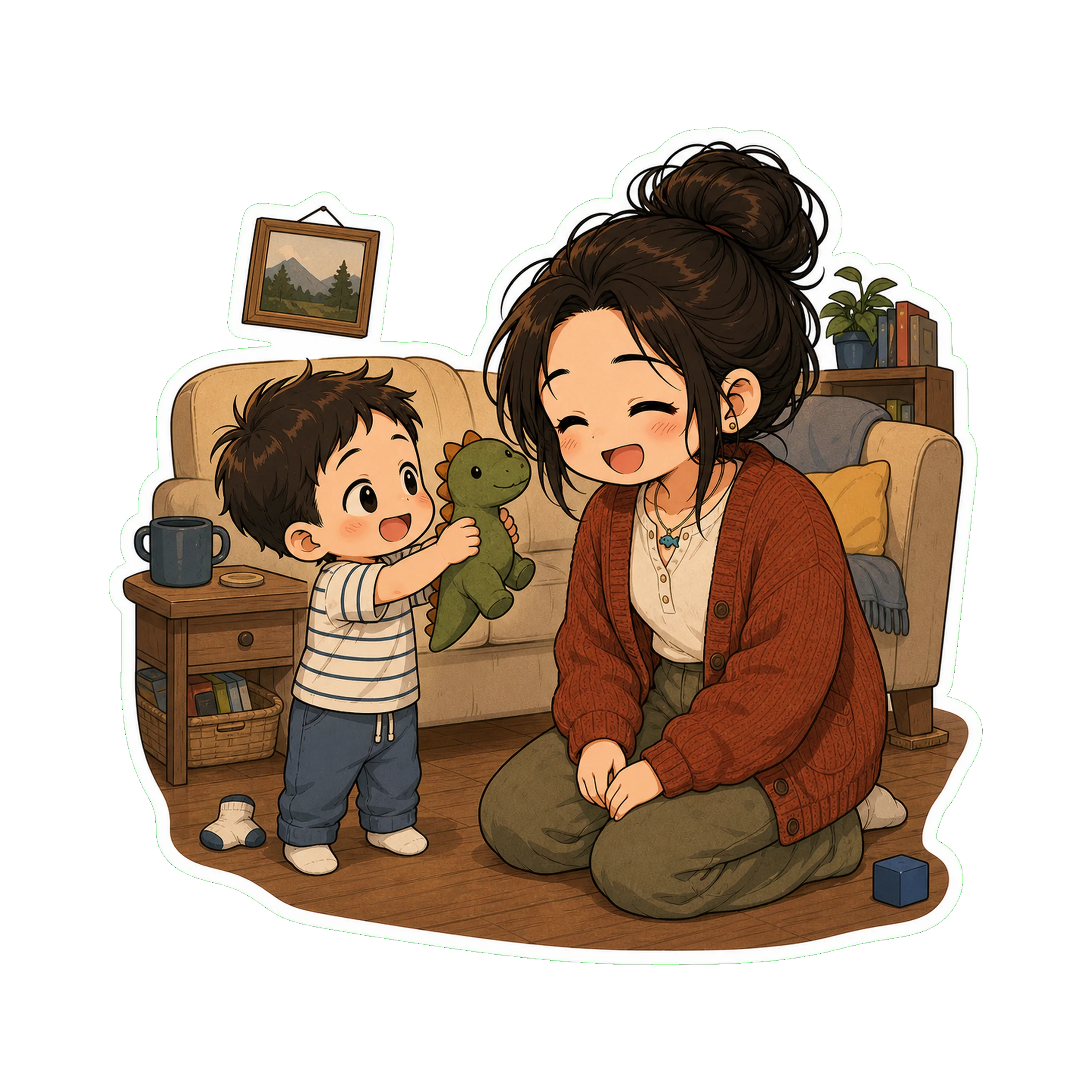 Jan kneeling on the wooden floor of Daniel's living room, eye-level with Henry — a three-year-old in a tiny striped shirt, holding up a small stuffed dinosaur
