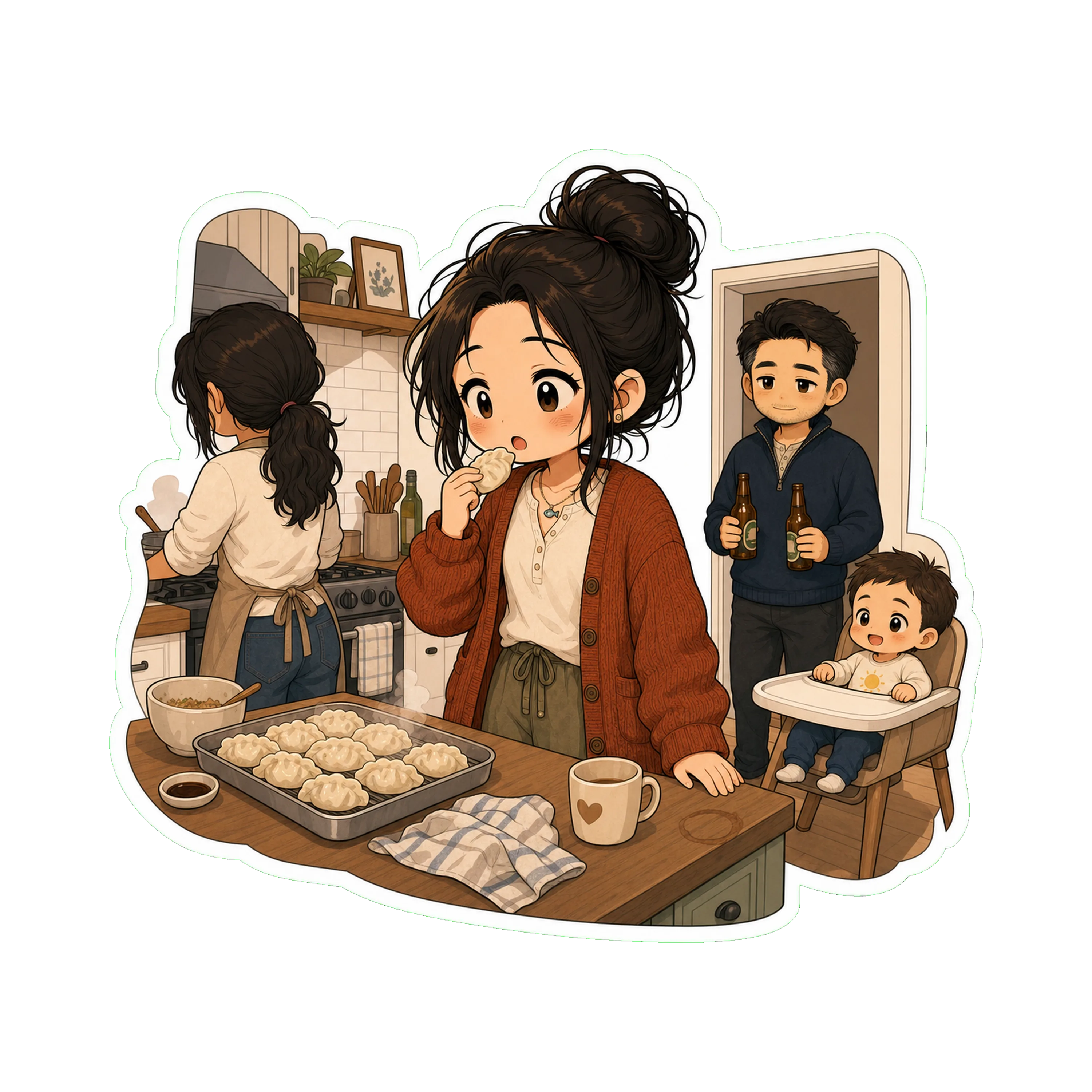 Sarah's kitchen — clean white tile, an island in the middle, a tray of just-made dumplings cooling