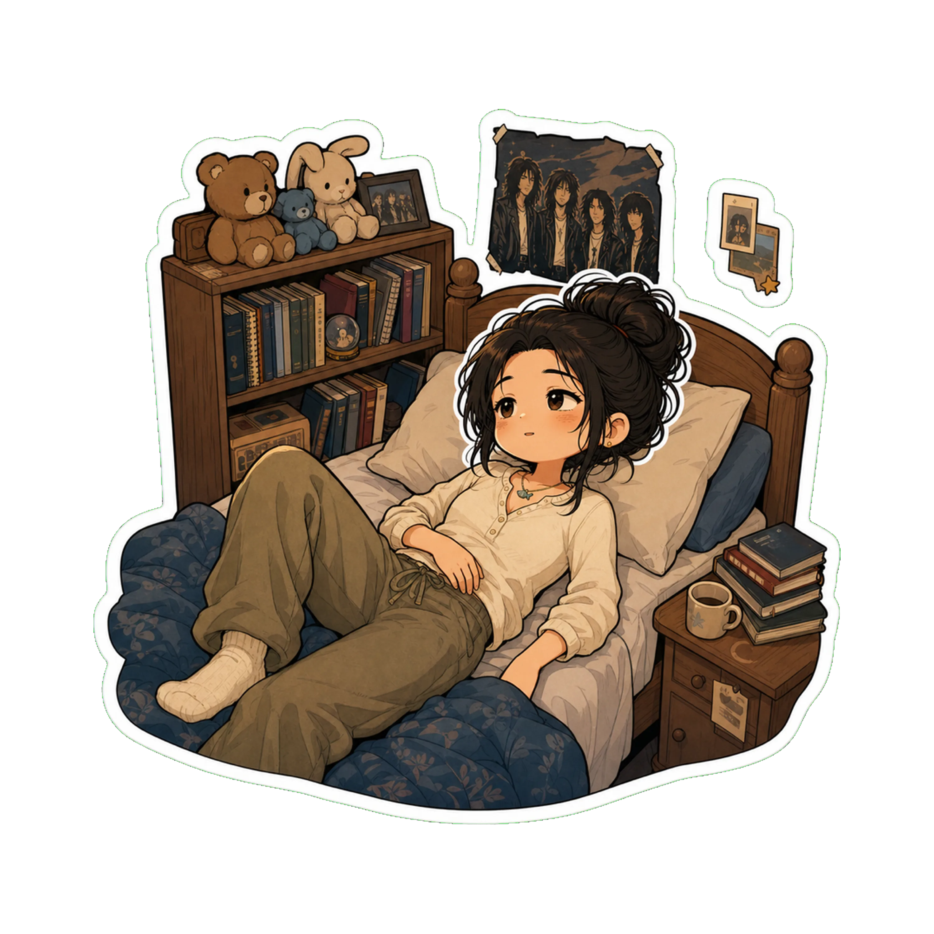 Jan in her childhood bedroom at Dad's house, lying on her teen-era twin bed in the cream Henley and trousers, looking up at the ceiling