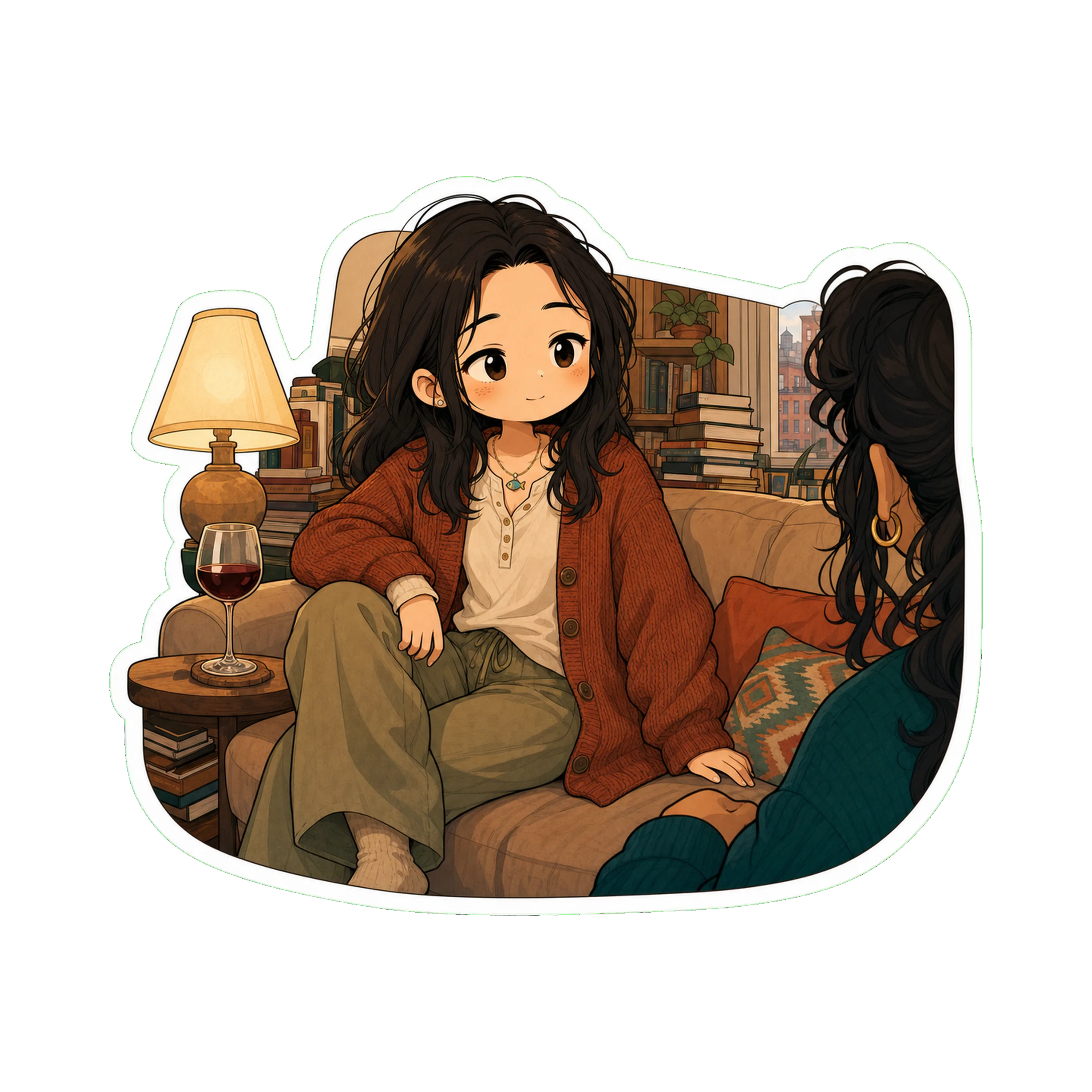 Jan on Priya's couch, hair down, a wine glass on the side table, mid-conversation