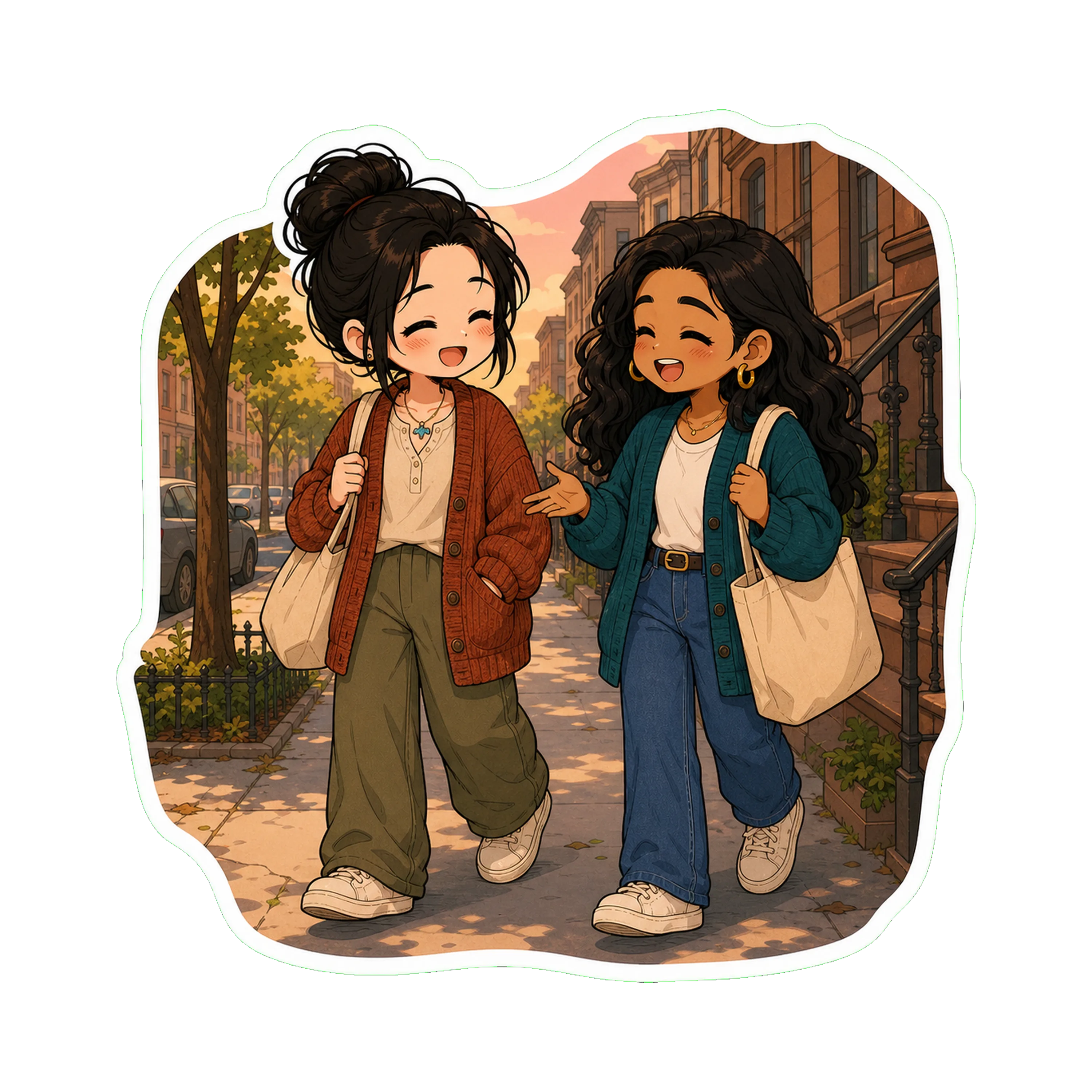 Jan and Priya walking on a quiet residential Brooklyn block in late afternoon light, the dusty-pink color in the sky