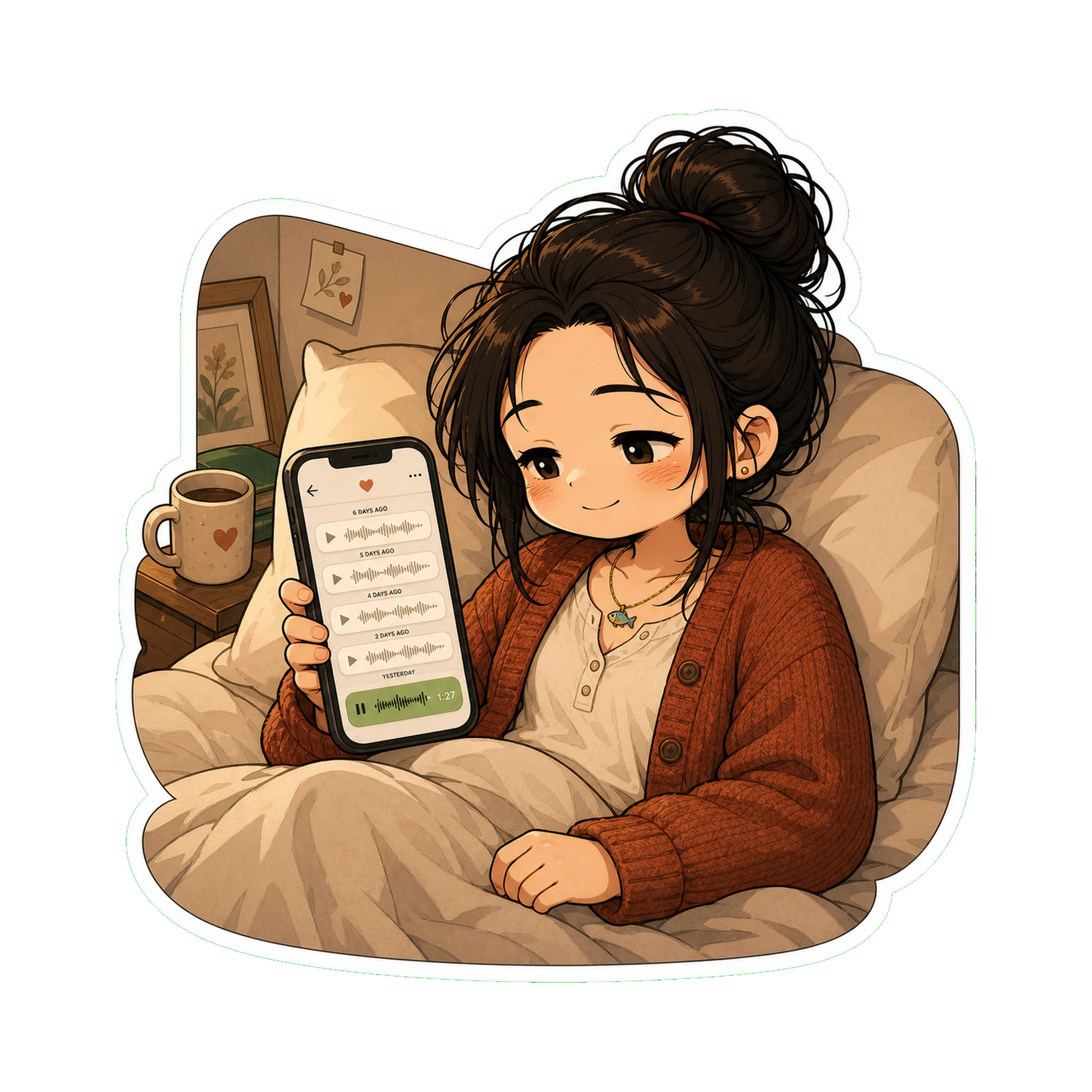 Jan in bed in the morning, phone in hand
