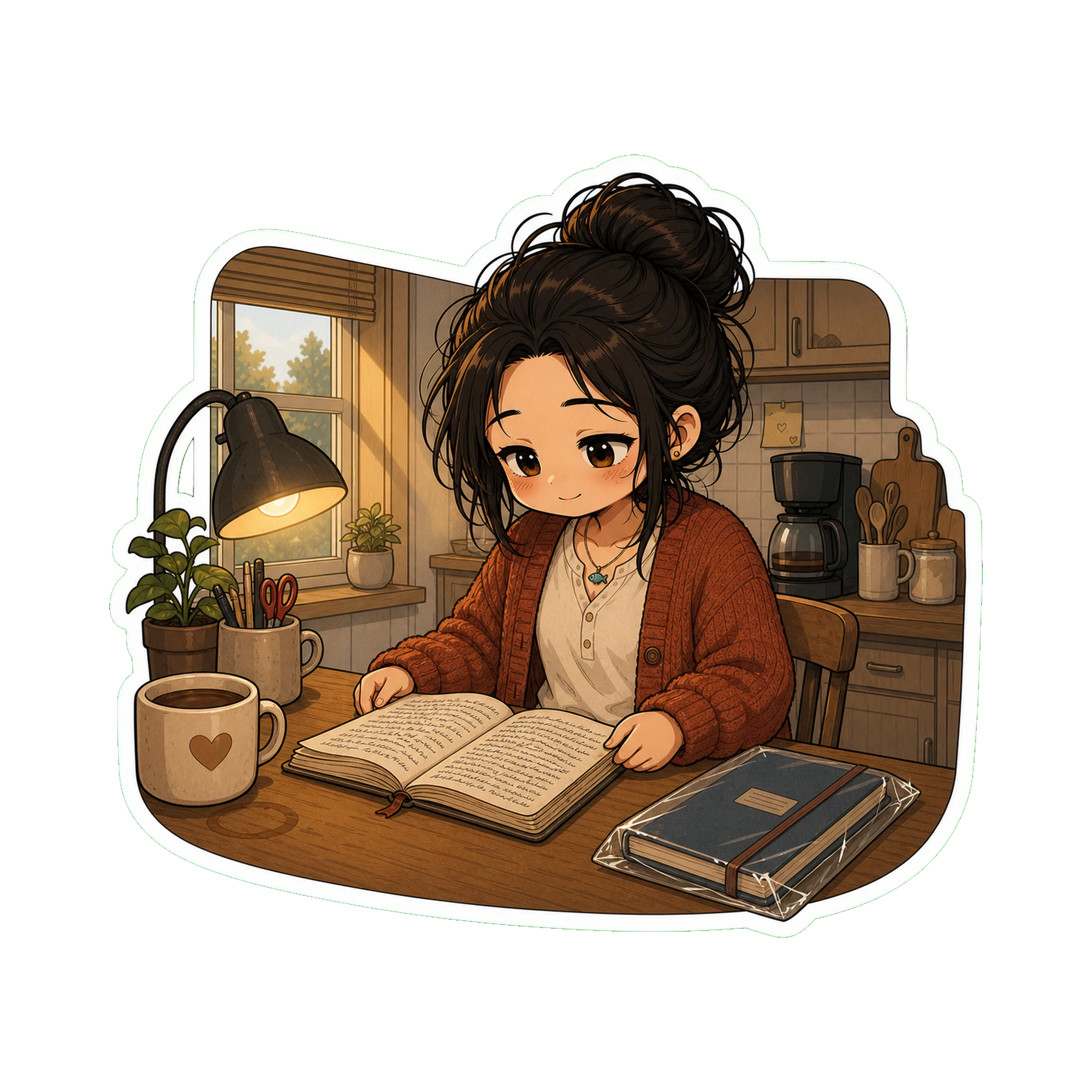 Jan at the kitchen table at 7 AM, the lamp still on, the old notebook open in front of her with the last page reached (the writing has filled it)