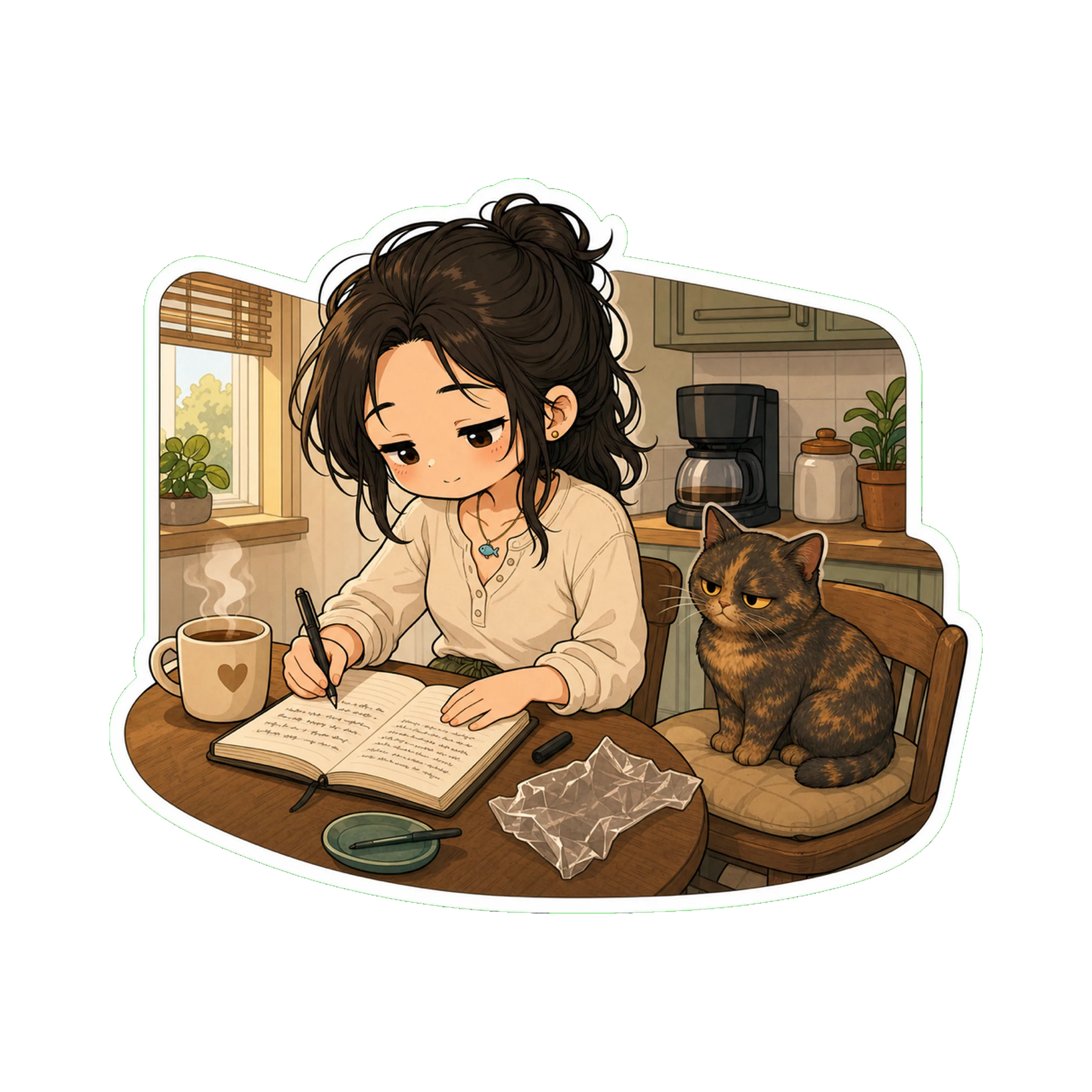Jan in the morning at the kitchen table, mid-handwriting, the new notebook now open (plastic discarded)