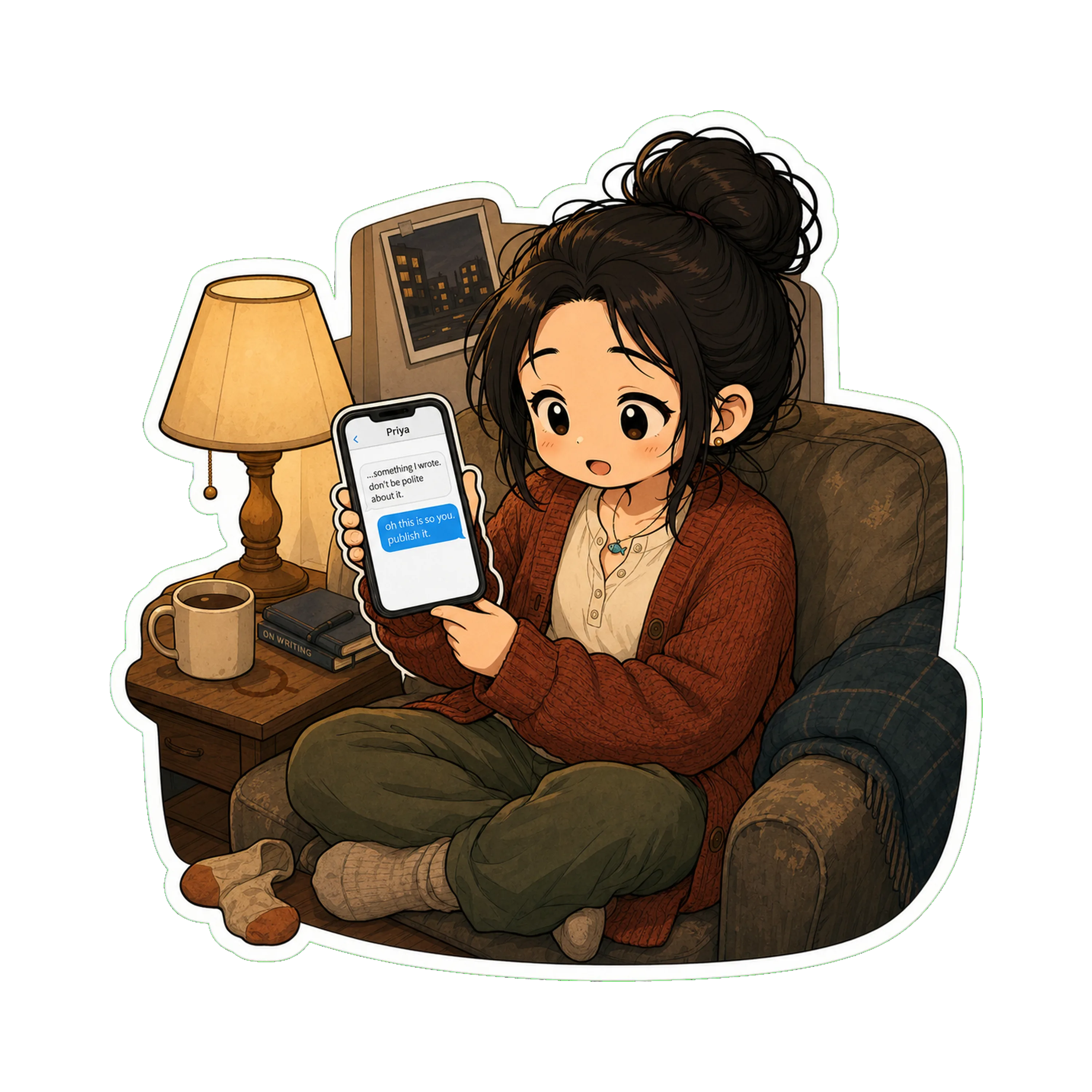 Jan on the couch in the evening, lamp on, phone in hand