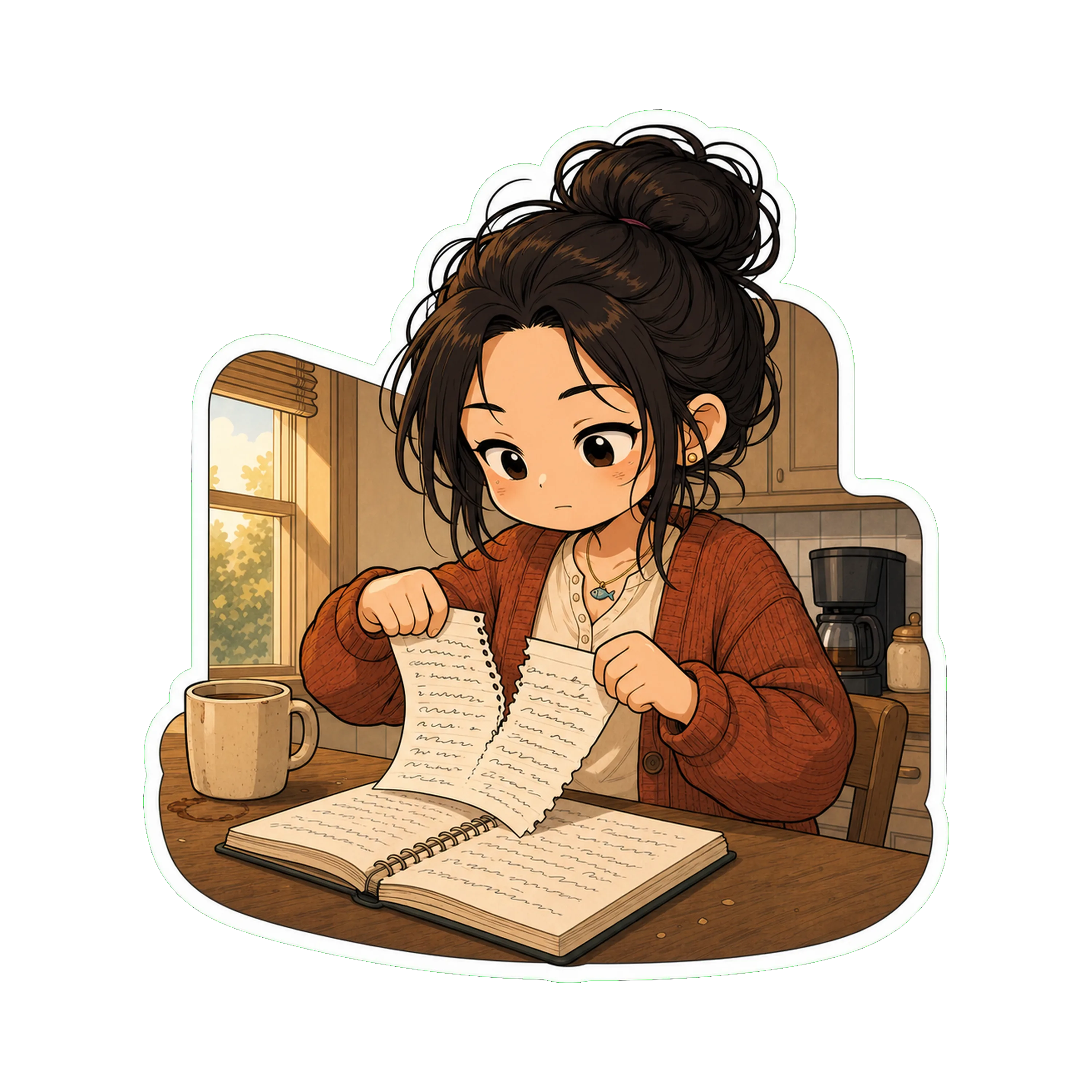 Jan at the kitchen table in the morning, mid-tear — pulling a written page out of the notebook with two hands, the small ripping motion caught
