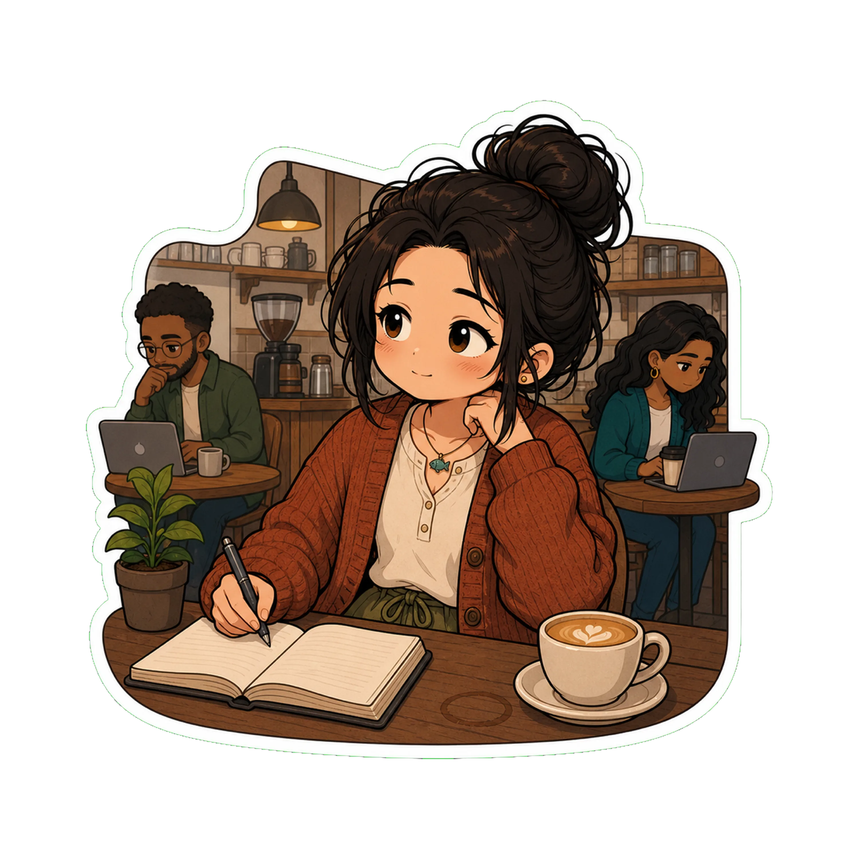 Jan at a small Greenpoint coffee shop on a weekend morning, the notebook open in front of her, a flat white nearby, the cardigan on