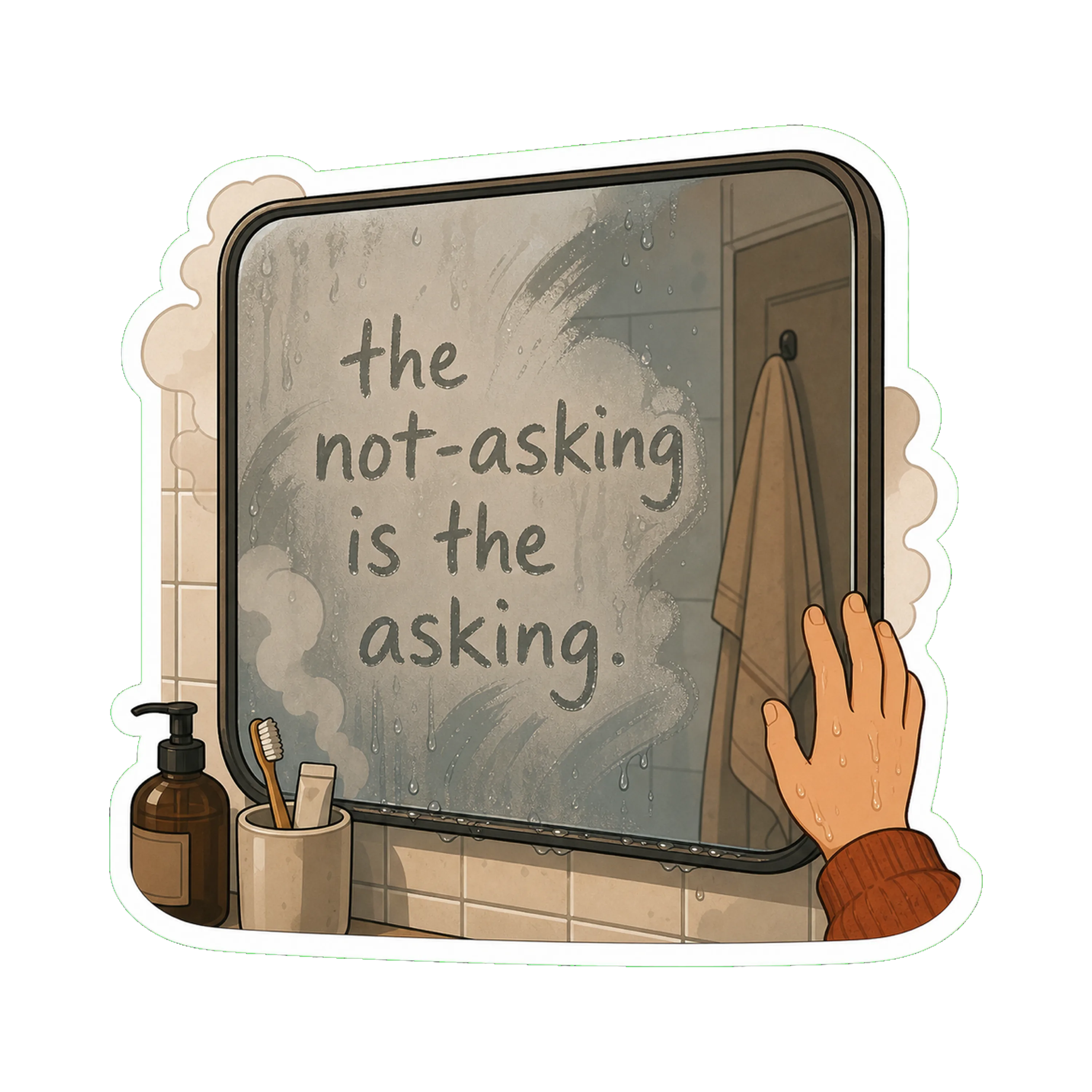 A bathroom mirror, fogged, with one line of writing scrawled in the steam by a fingertip: *'the not-asking is the asking.'* The mirror is half-fogged-half-not