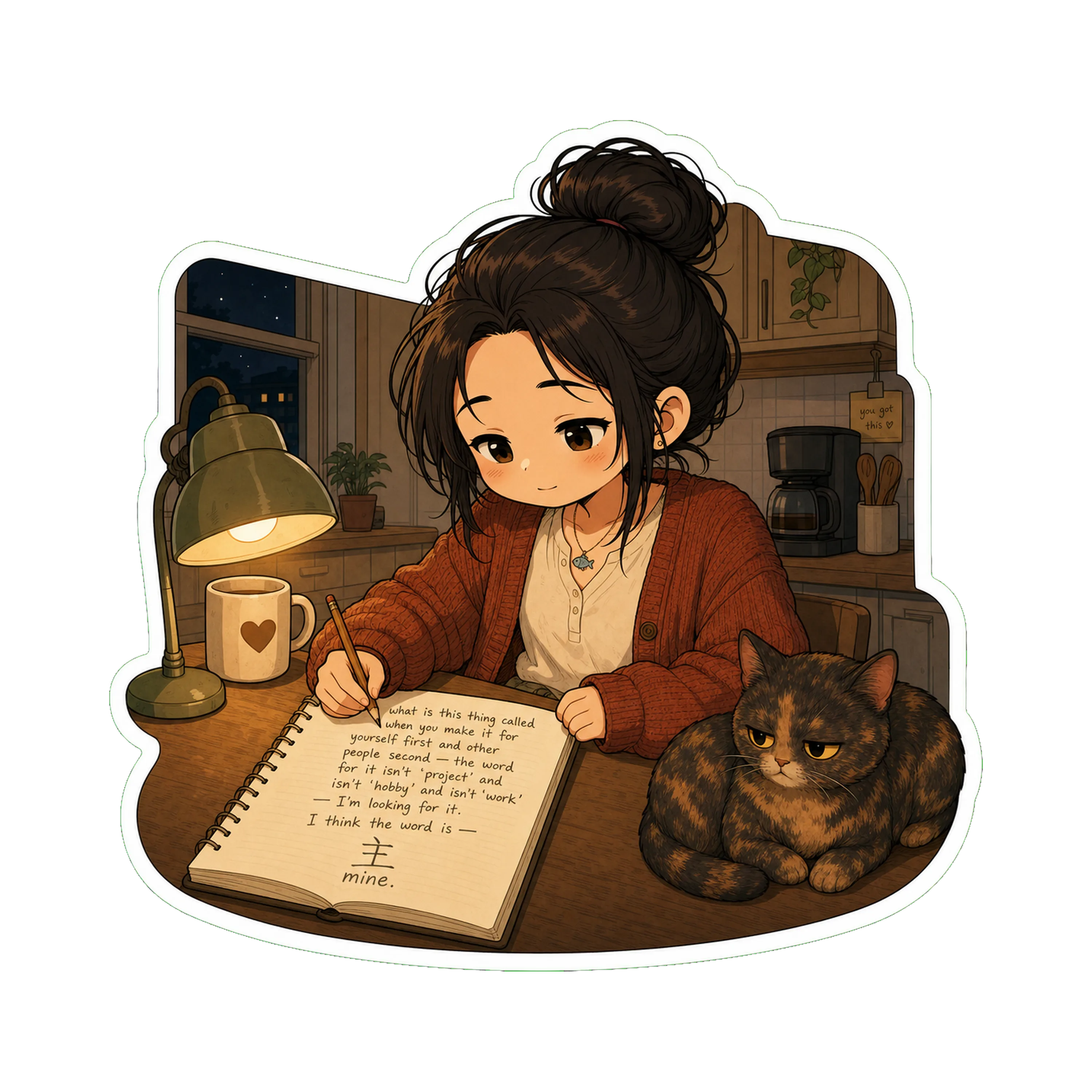 Jan at the kitchen table at night, lamp on, the notebook open