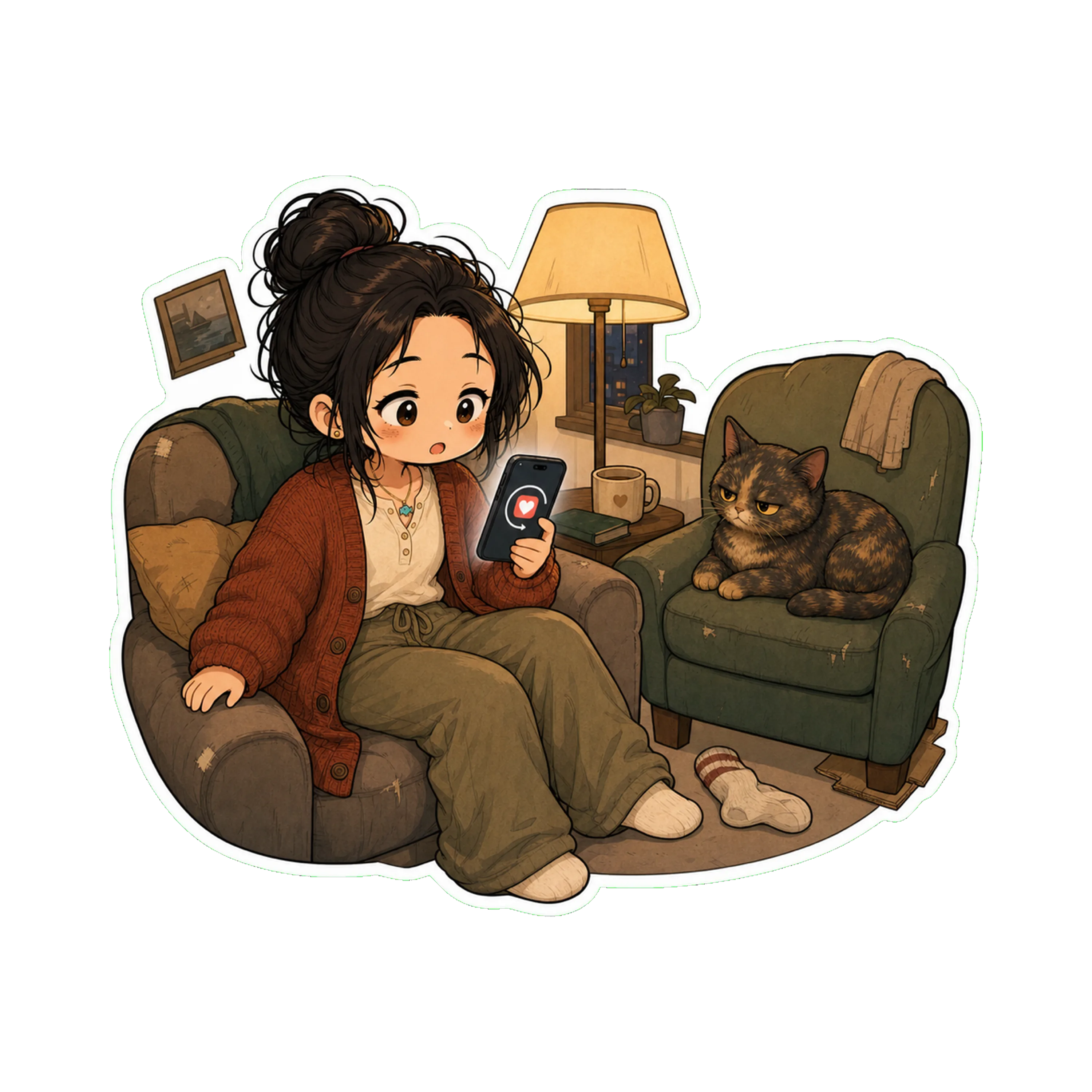 Jan on the couch in the evening, lamp on, the phone in hand