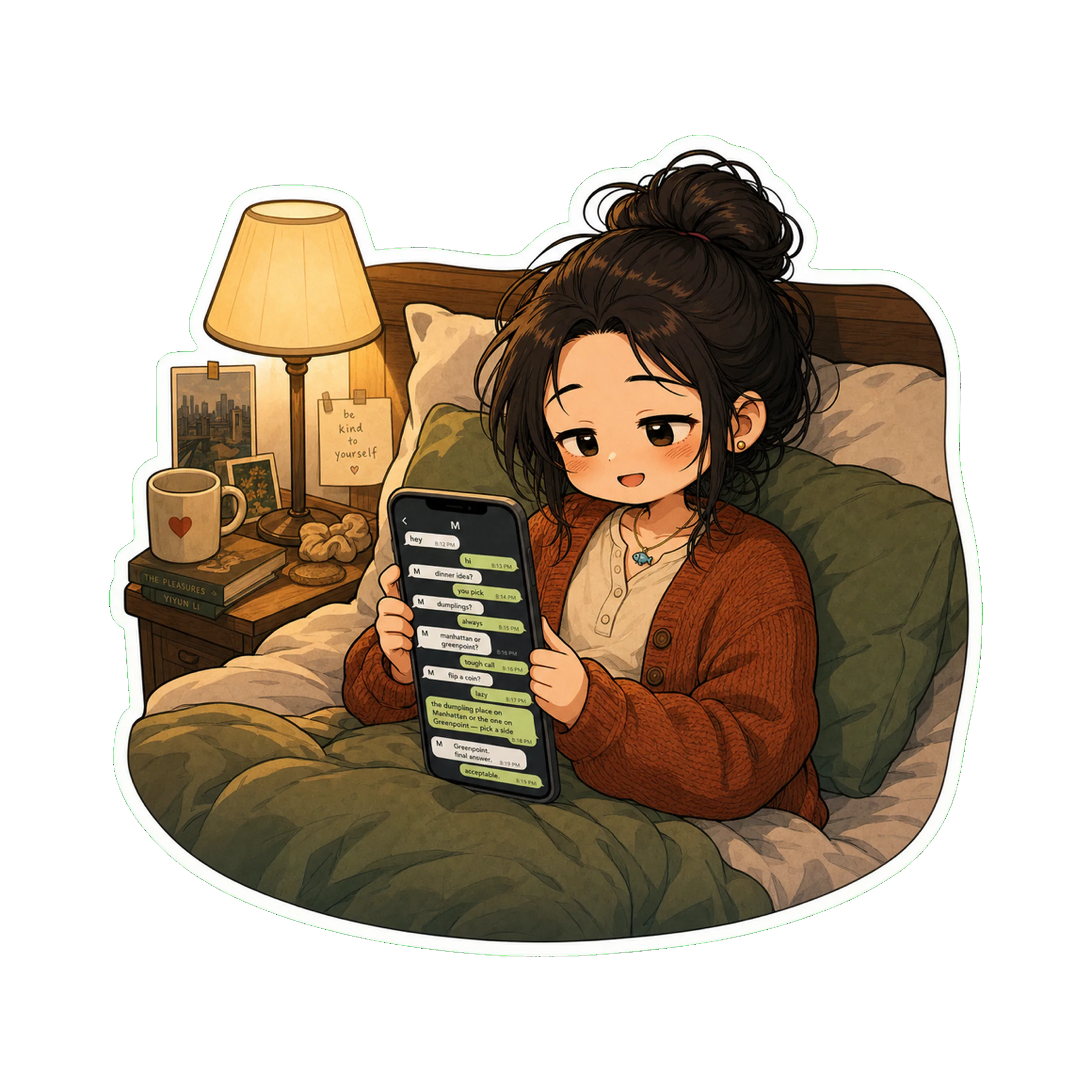 Jan in bed in the evening, lamp on, phone in hand
