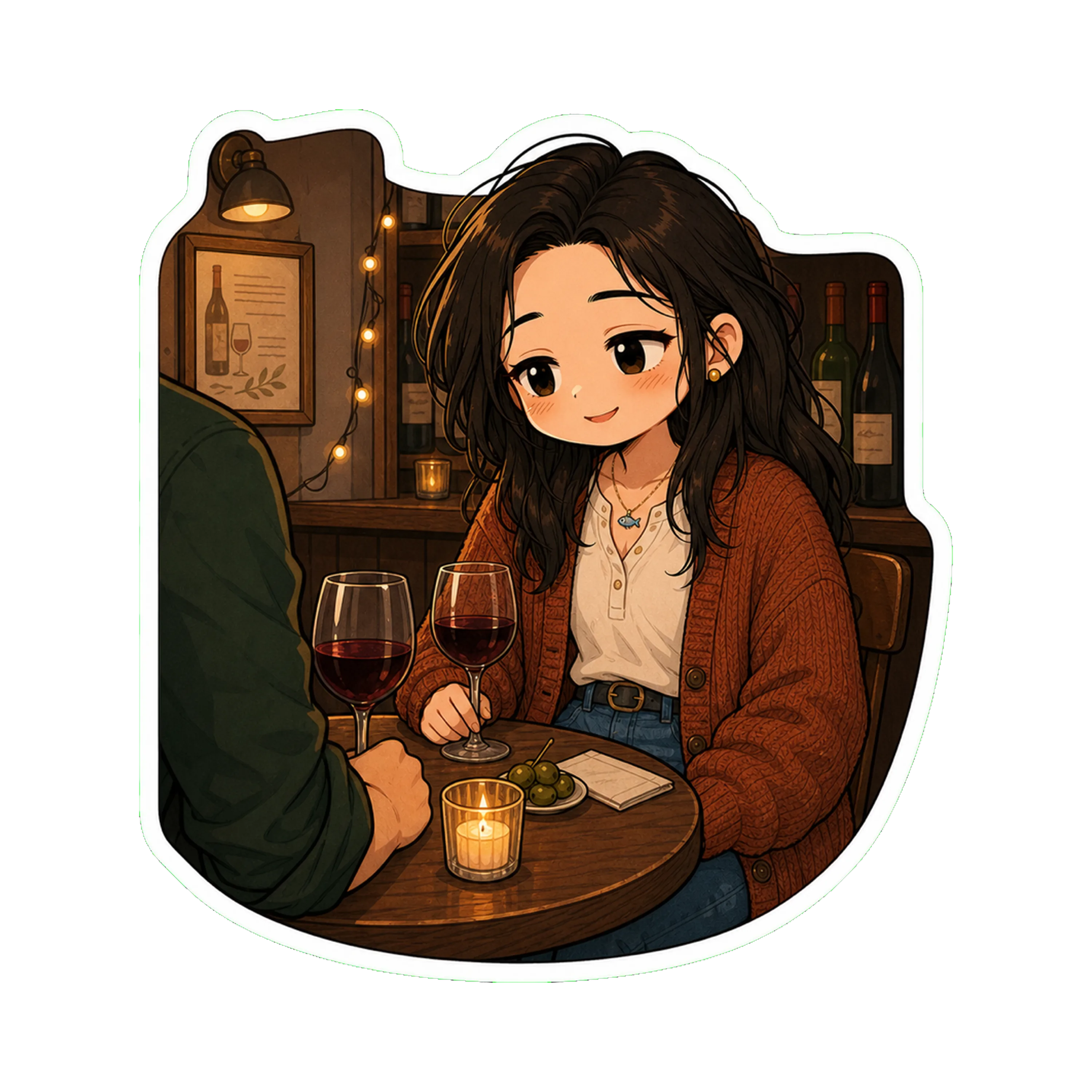 Jan at a small wine bar in the evening, sitting across from M (again only a shoulder and a forearm visible — he is wearing a dark green button-up, sleeves rolled)