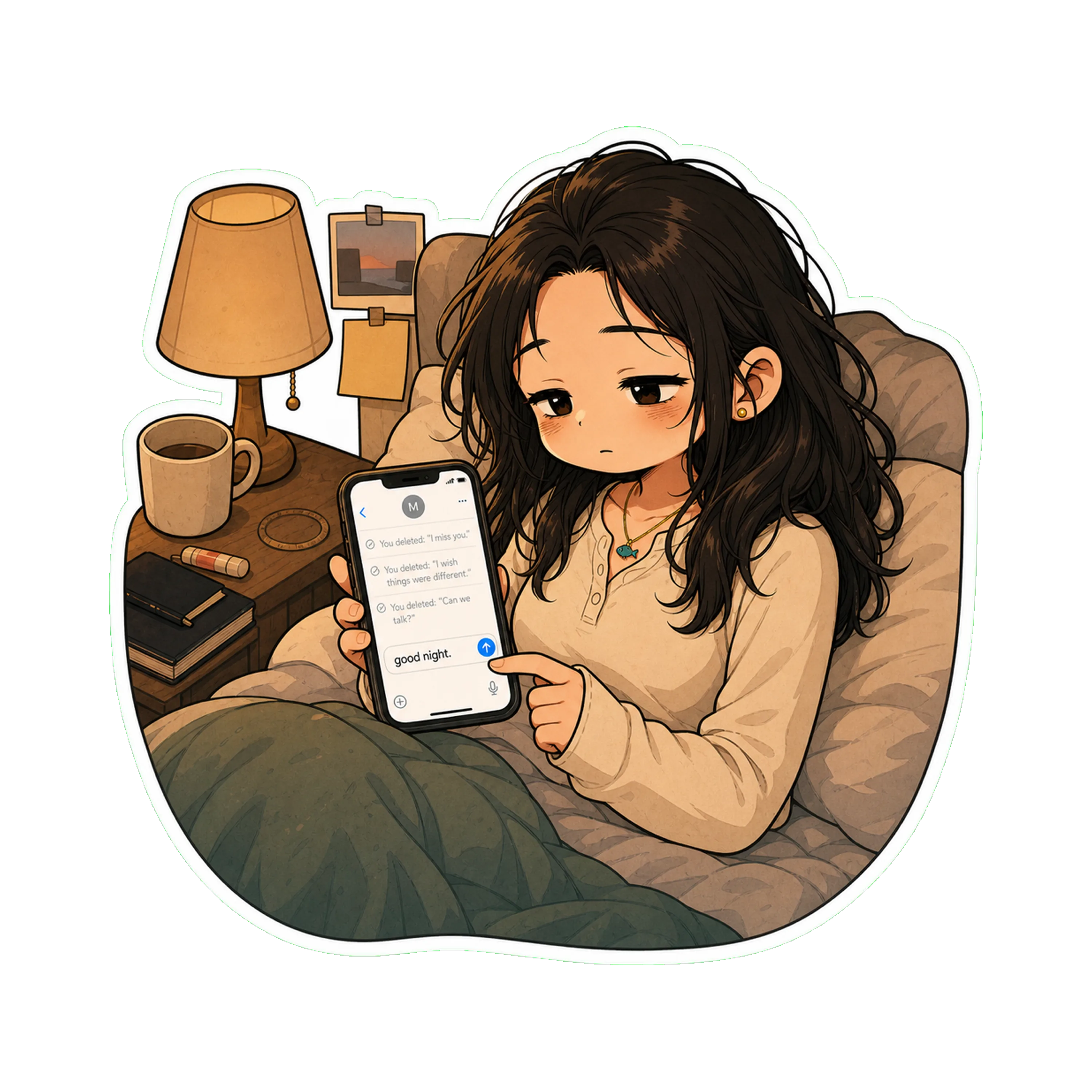Jan in bed in the lounge variant (cream long-sleeve, hair down), phone in hand