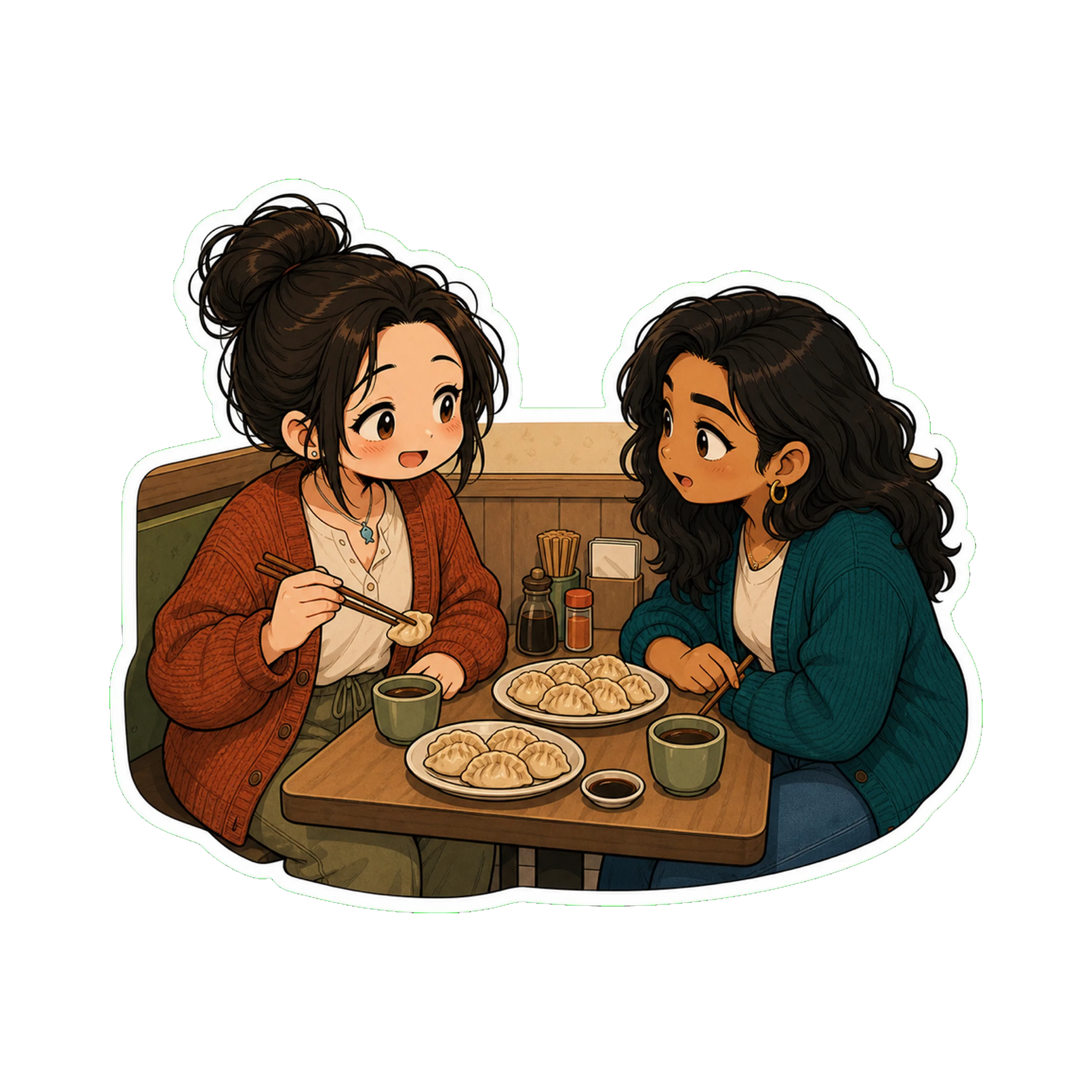 Jan and Priya at a small dumpling-place lunch on a Wednesday — same dumpling-place from Pack 16 #03