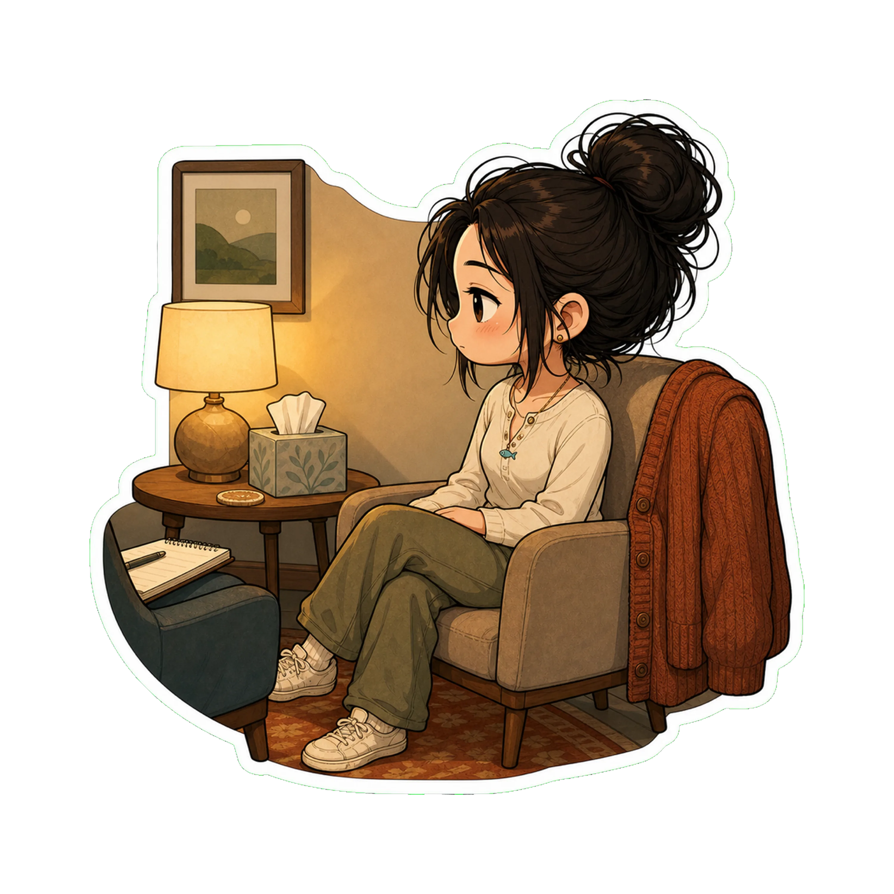 Jan in the therapist's office on Tuesday at 6 PM — the lamp warm-lit, two chairs, a small low table, a box of tissues