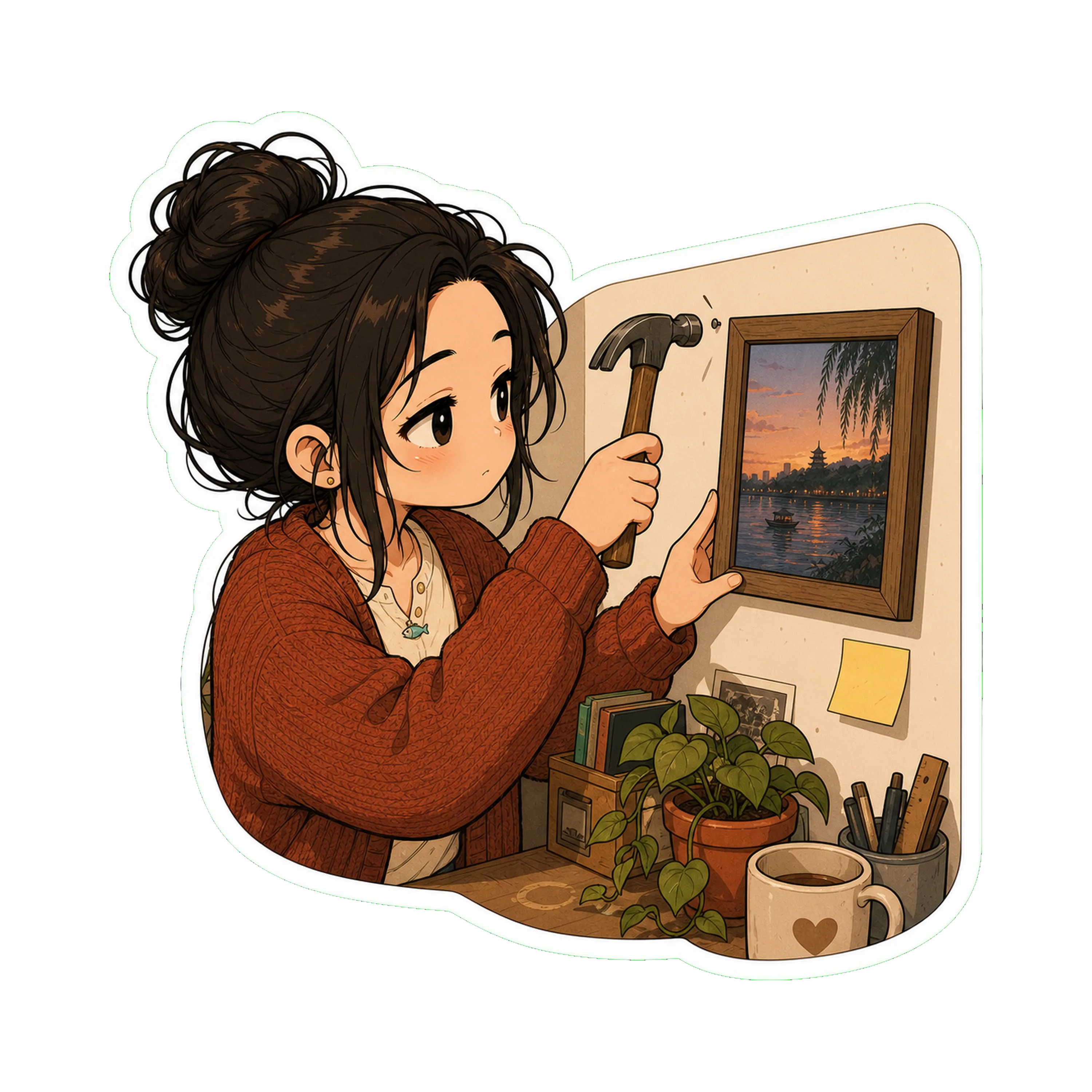 Jan on a Wednesday evening, hanging the framed photo of the Hangzhou river at dusk on the wall above her desk — adjacent to the yellow sticky note