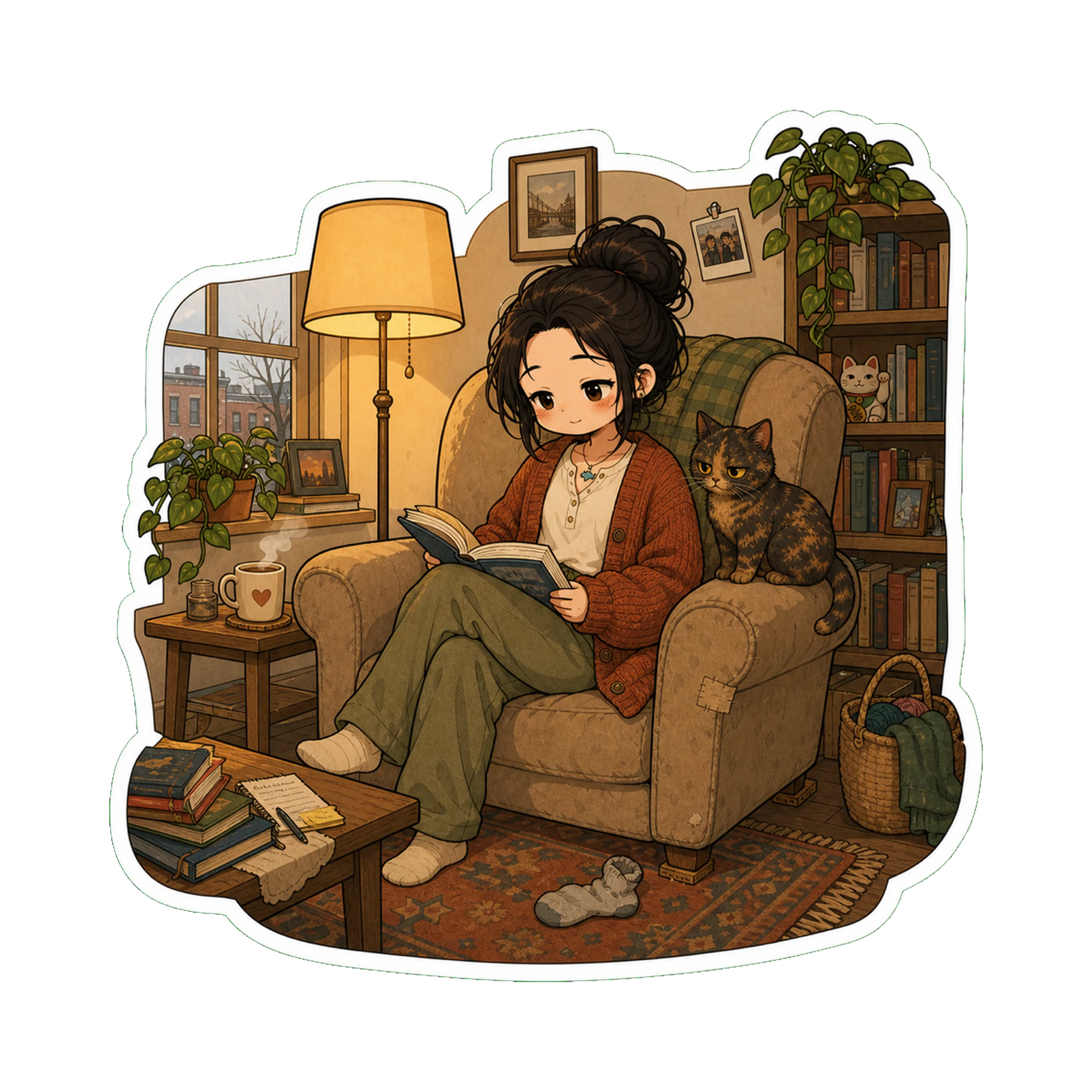 Jan in the chair (the slightly crooked beloved one) in the morning, lamp on (it's December — the lamp is on early)