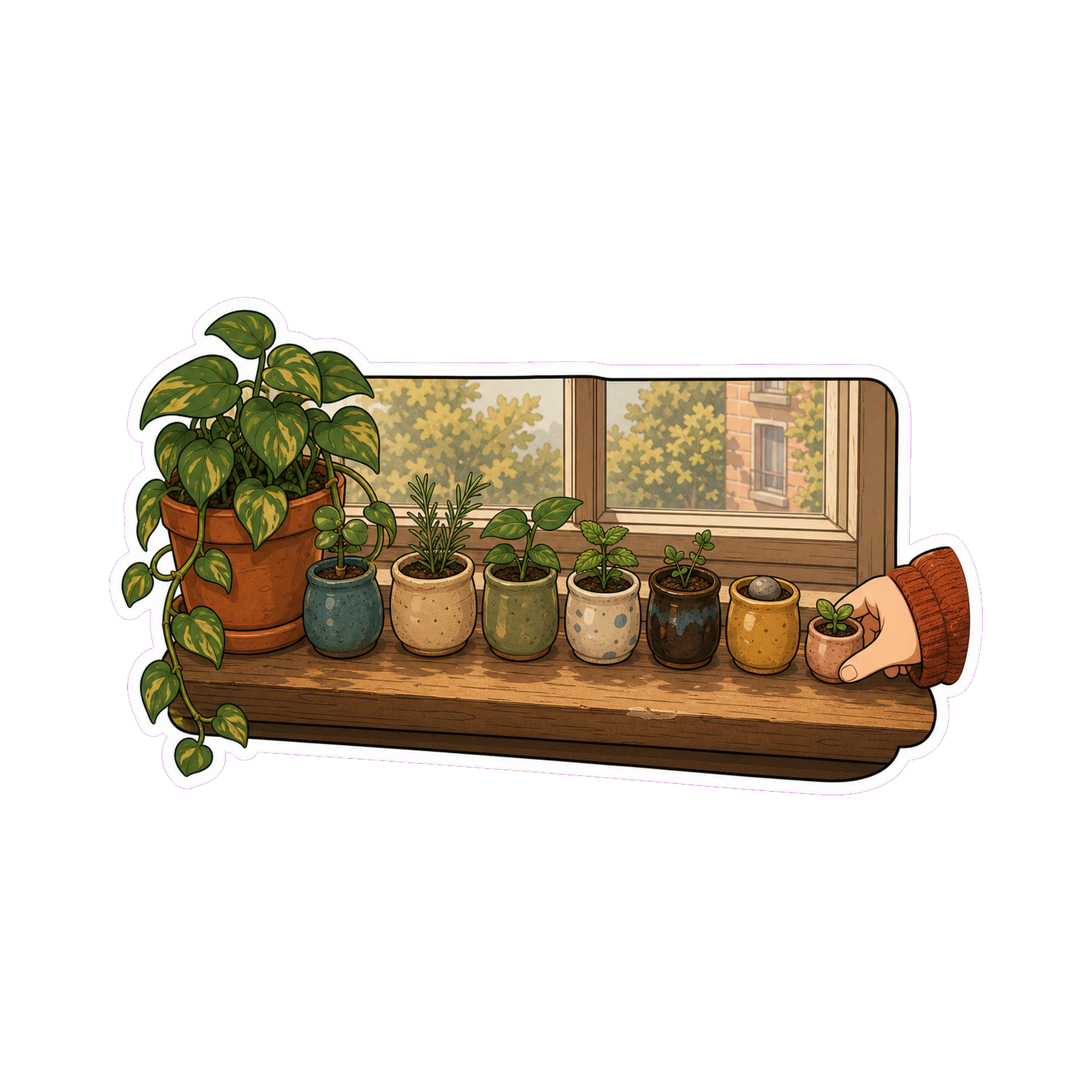 Jan's windowsill — Greg on the left in her terracotta pot, and  in different glazes, each holding a small plant cutting or a small herb or, in one case, a single pebble Jan brou…