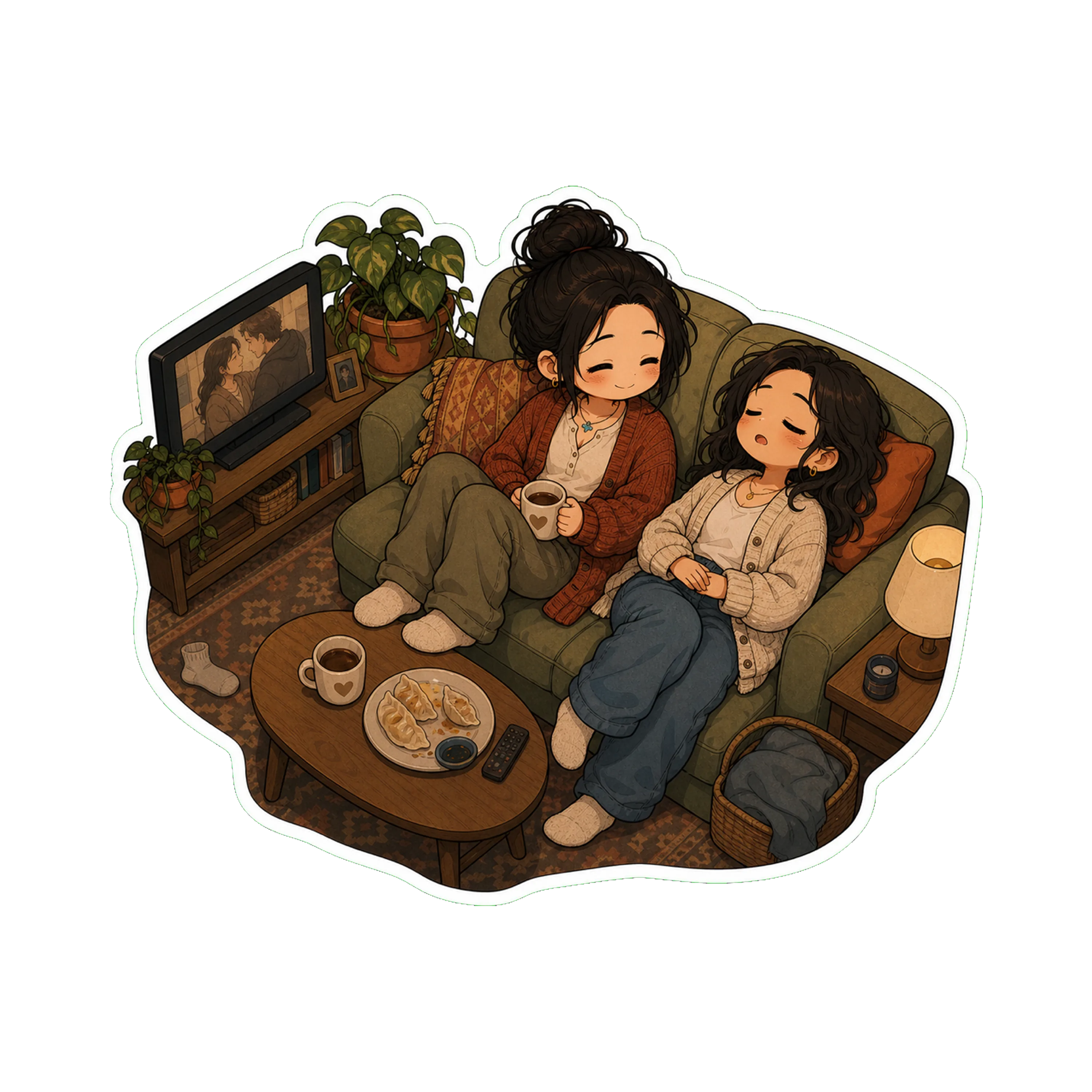 Jan and Ana on the couch in the evening — both in soft cardigans (Ana's is oatmeal; Jan's is rust), feet up, a movie playing on a small TV across the room