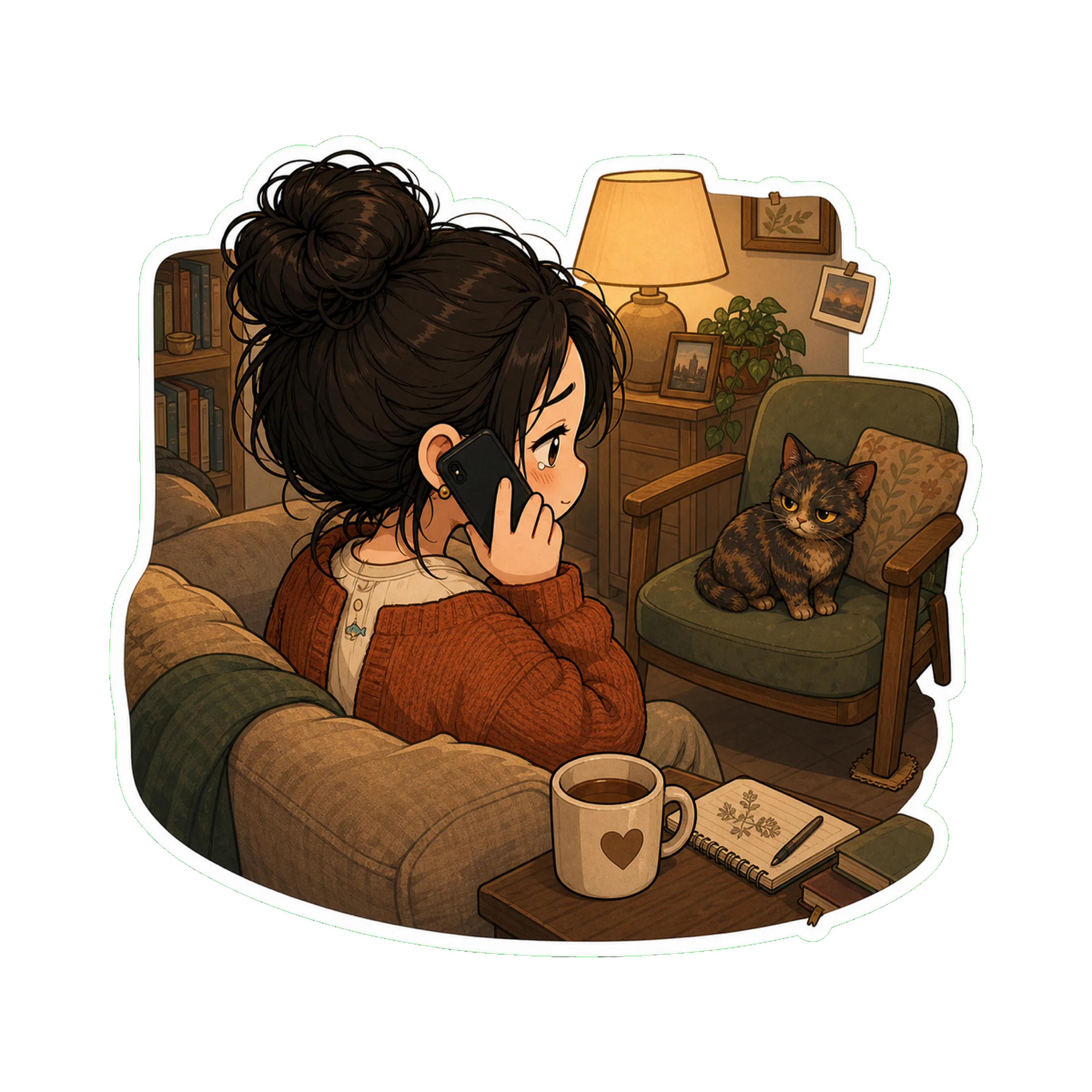 Jan on the couch in the evening, lamp on, phone to her ear
