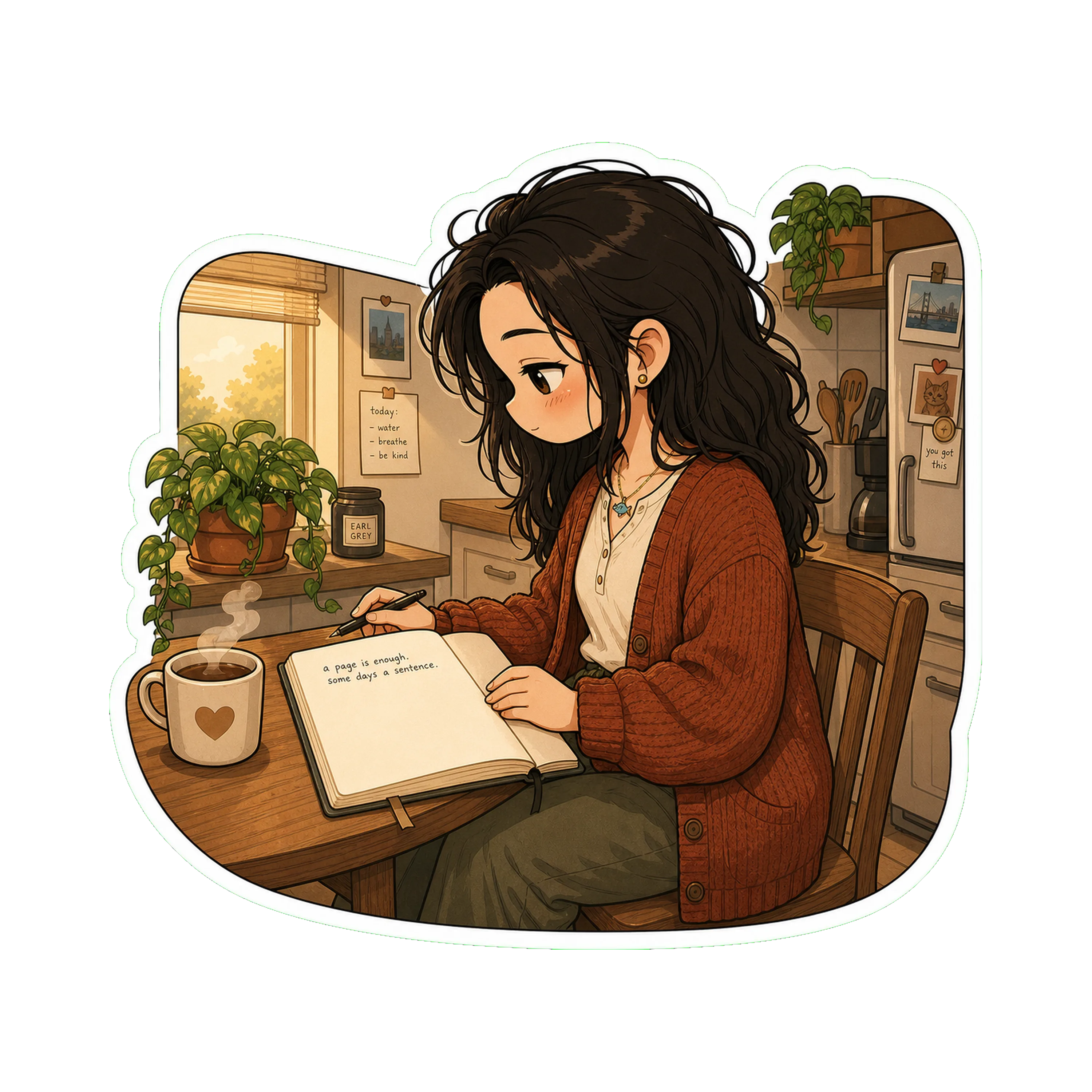 Jan at the kitchen table in the morning, the new notebook open