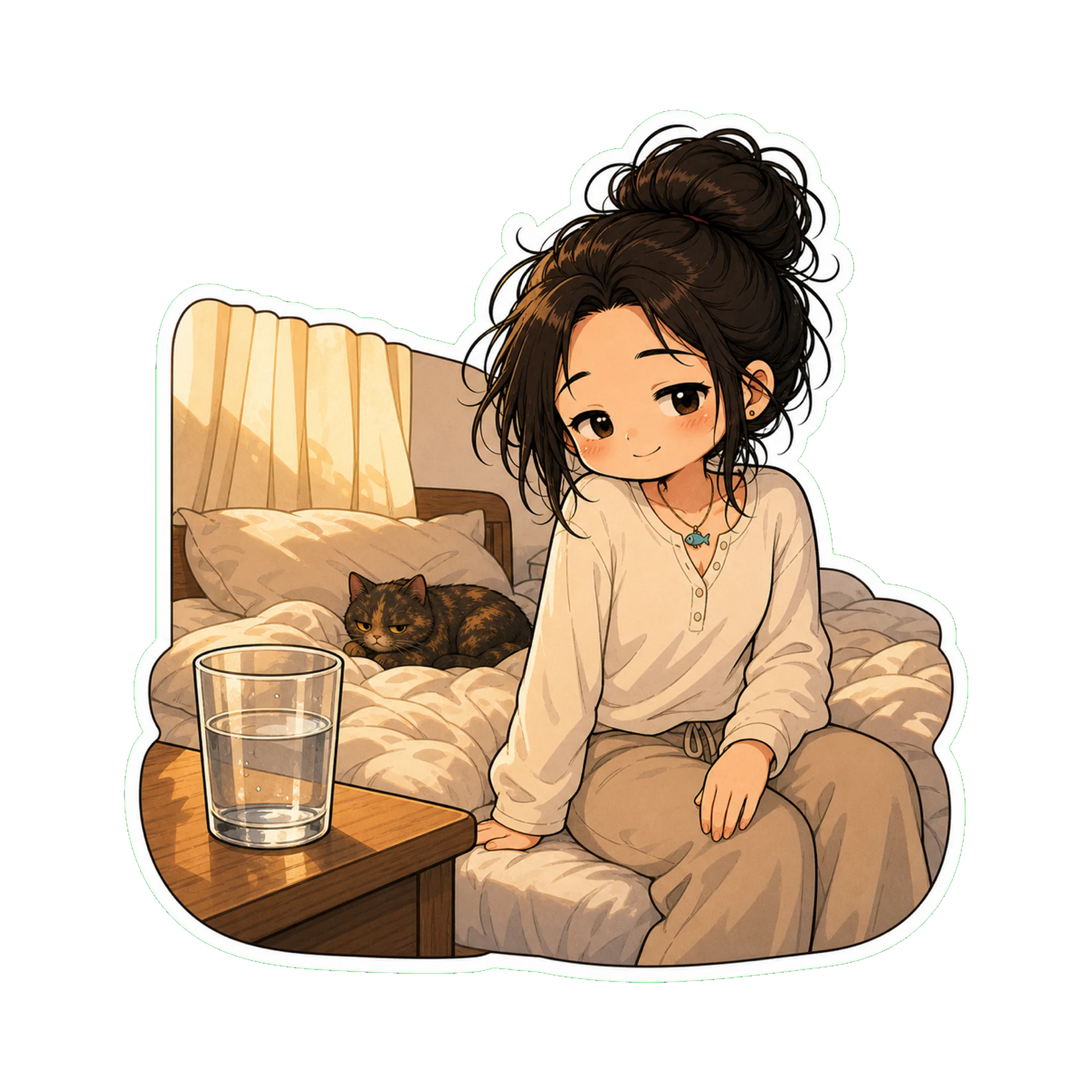 Jan just out of bed in the morning, sitting on the edge of the bed in the lounge variant (cream long-sleeve sleep tee, soft pants), hair messy from sleep, the curtains lit by mo…