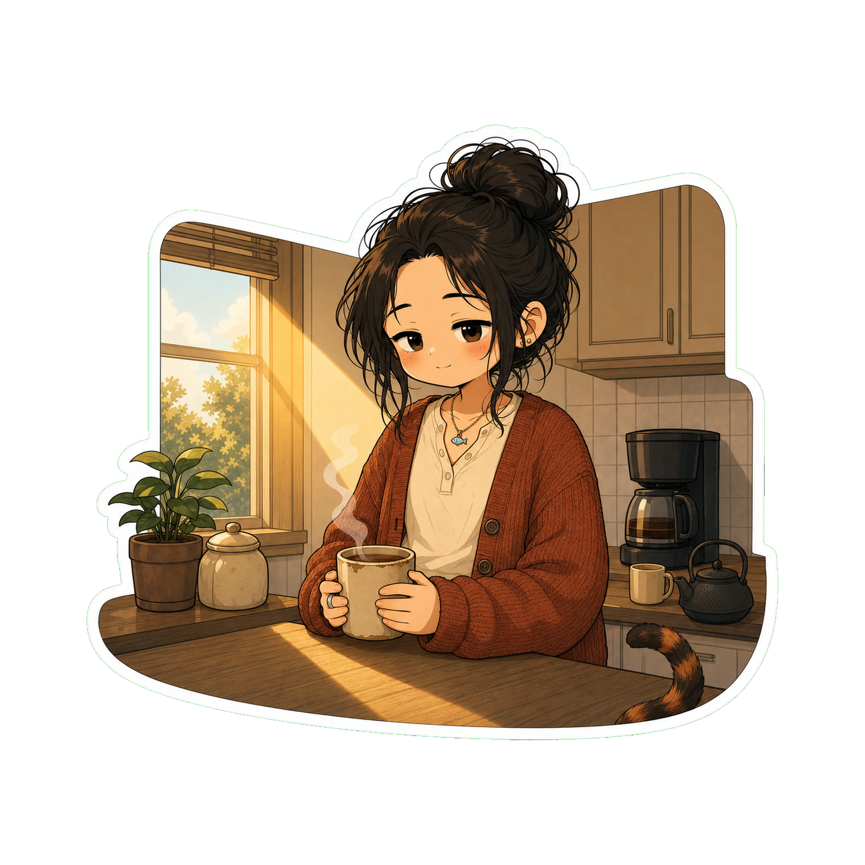 Jan at the kitchen counter at 8:24 AM, both hands on the chipped clay cup, tea steaming
