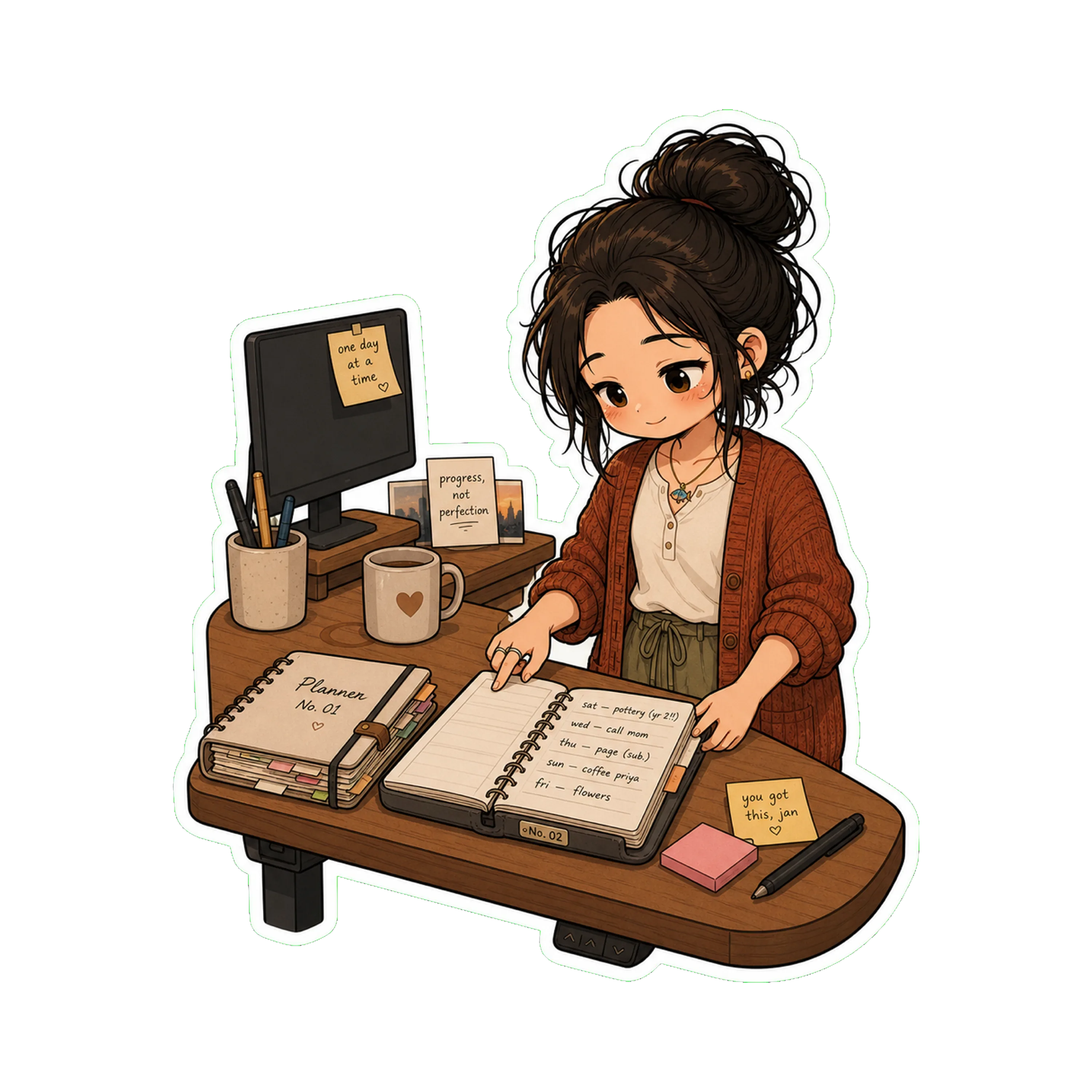 Jan at her standing desk, the  open — visibly its second one (a small label on the spine reads *No