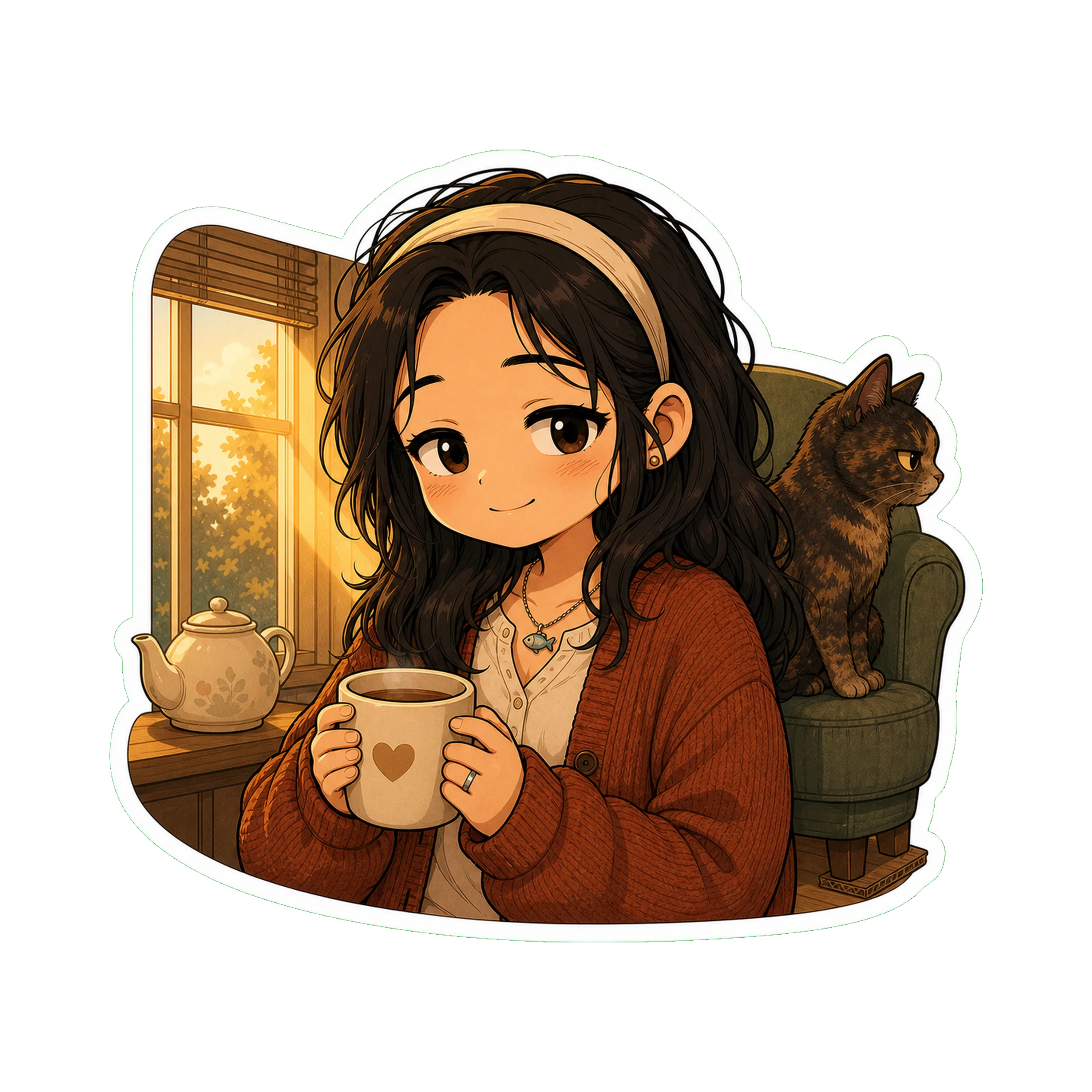 Jan by the window in Sunday-at-four light, holding tea —  Hair down with the soft cream headband