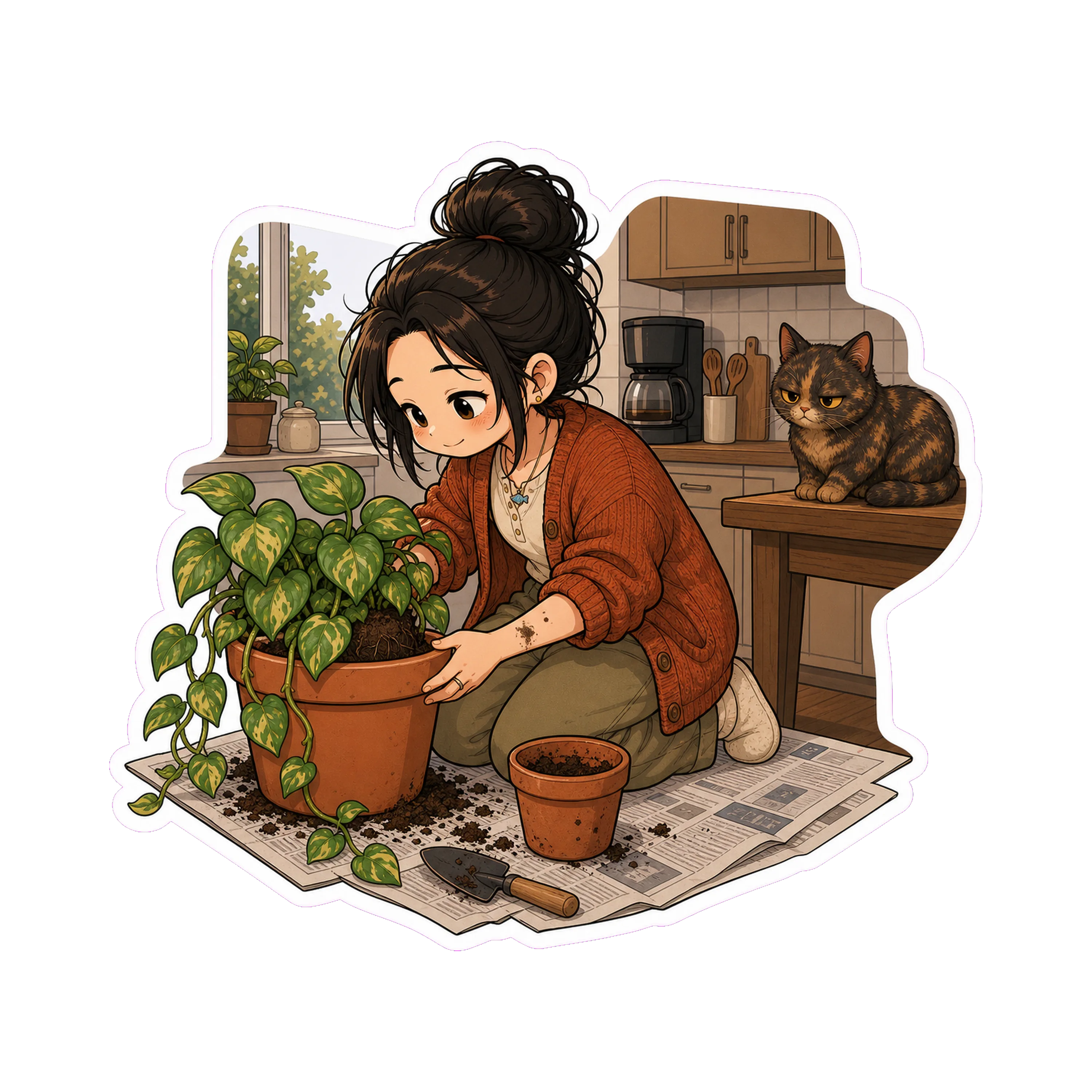 Jan kneeling on a spread-out section of newspaper in the kitchen, mid-repotting Greg into a  terracotta pot
