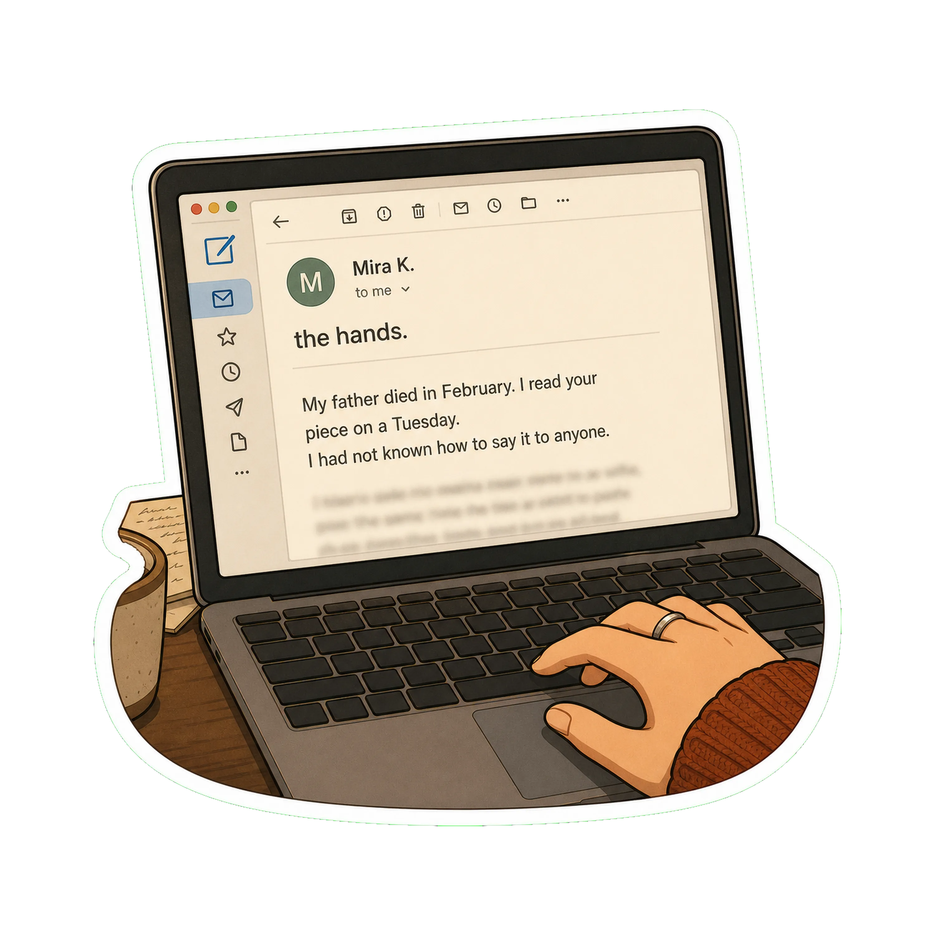 Close-up of the laptop screen, the email open