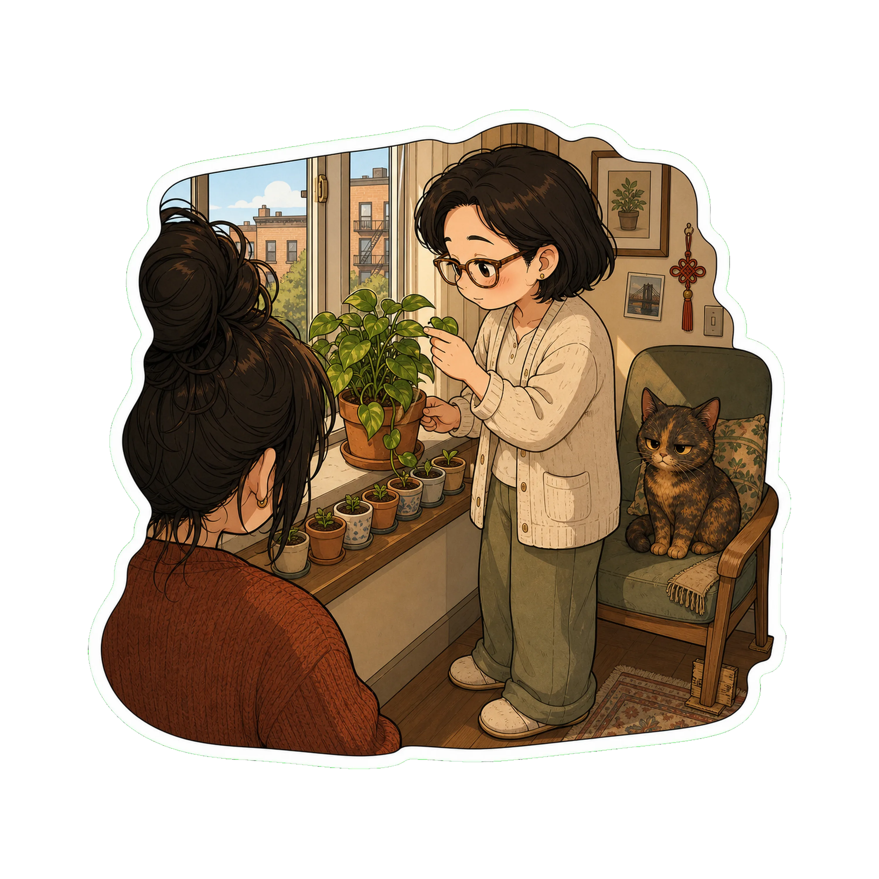 Mom at the windowsill in mid-morning, examining Greg with the focused practical attention she gives all living things