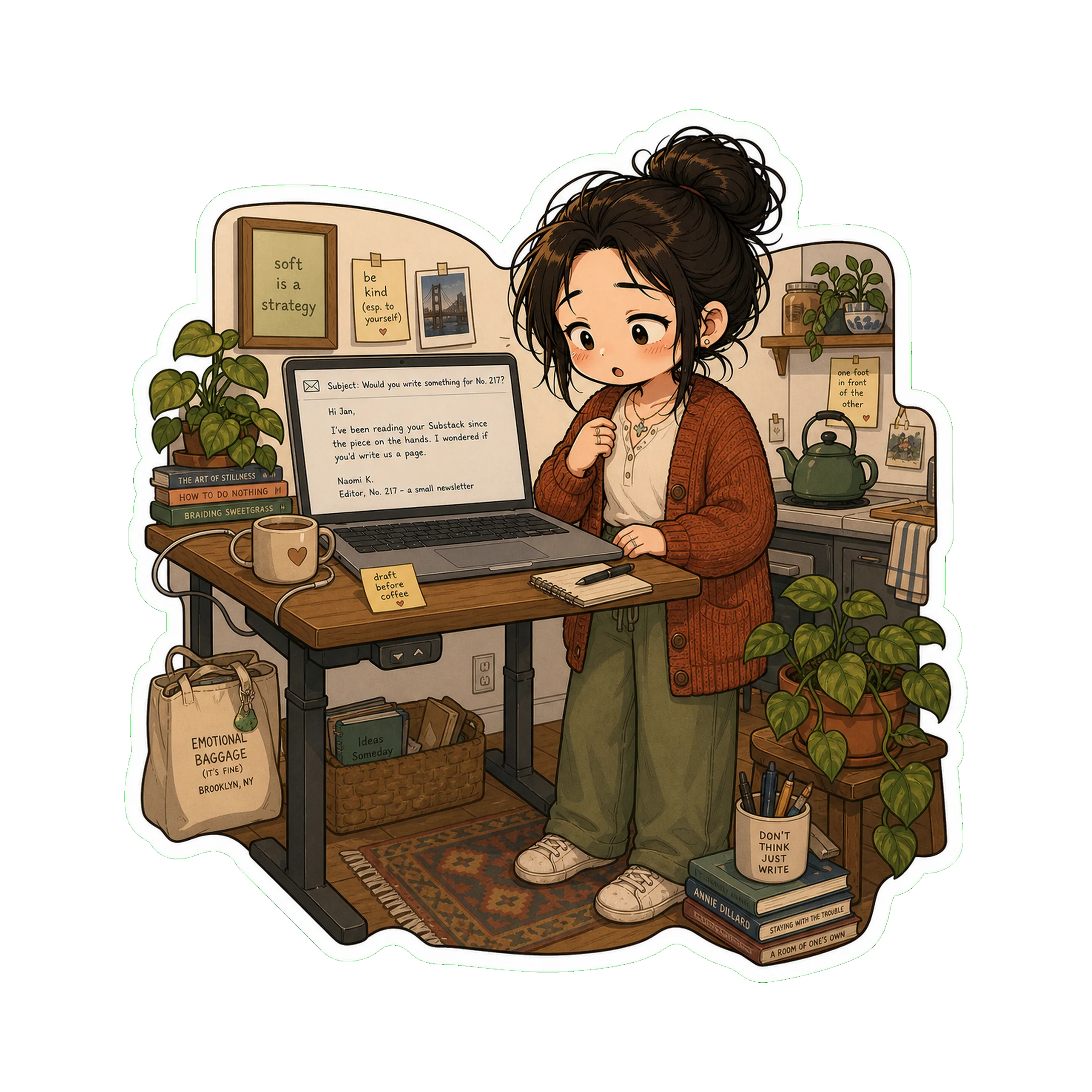 Jan at the standing desk, midweek morning, the laptop open to Naomi's email