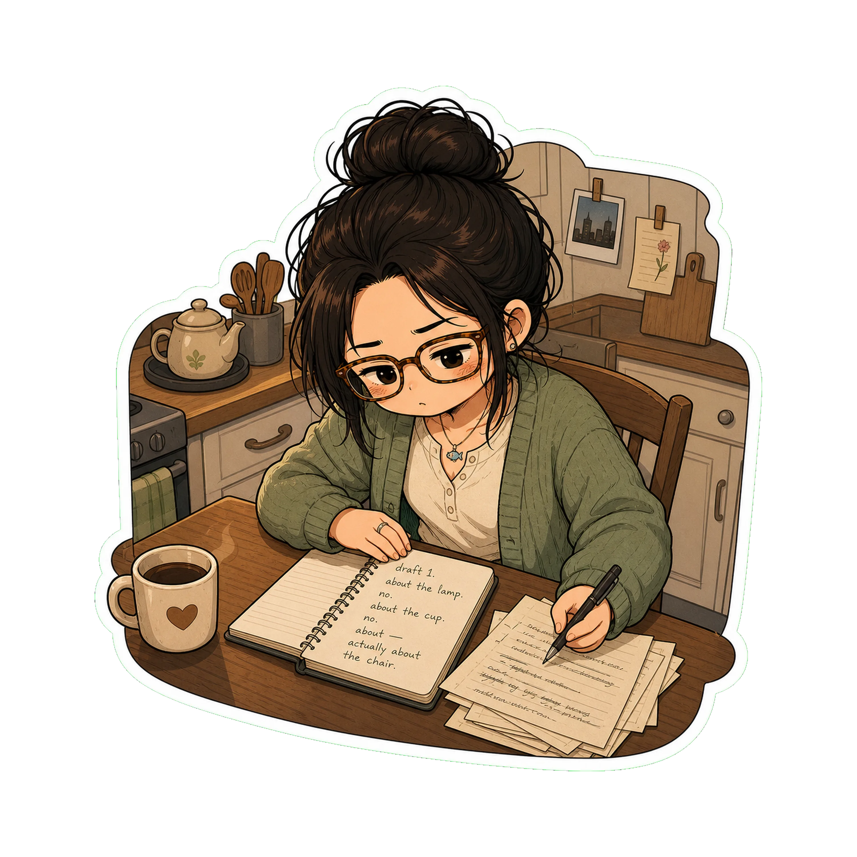Jan at the kitchen table, the sage cardigan on, the  open and beside it a small pile of loose pages with handwritten drafts
