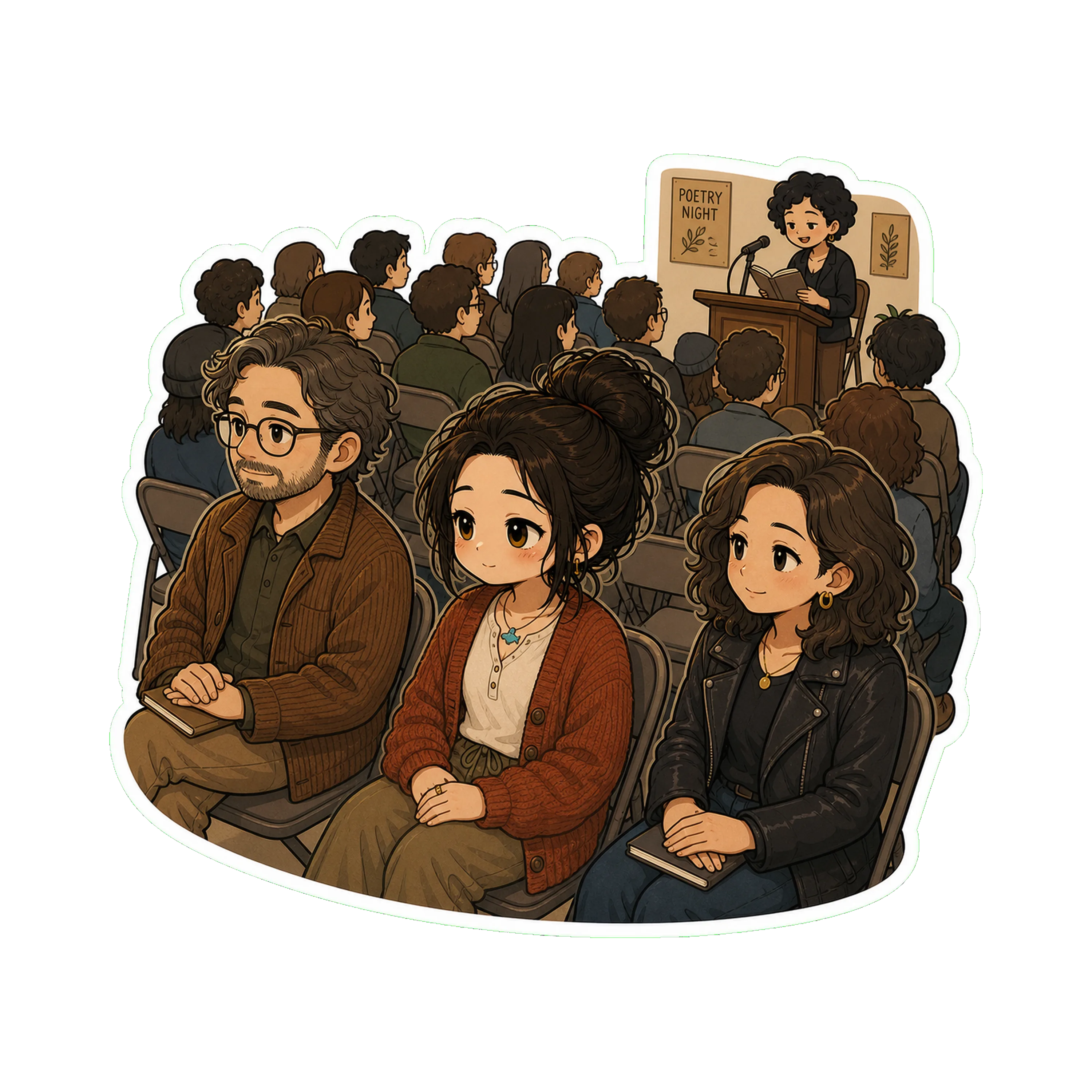 Jan in the front row, second seat from the aisle, watching the poet read at the lectern