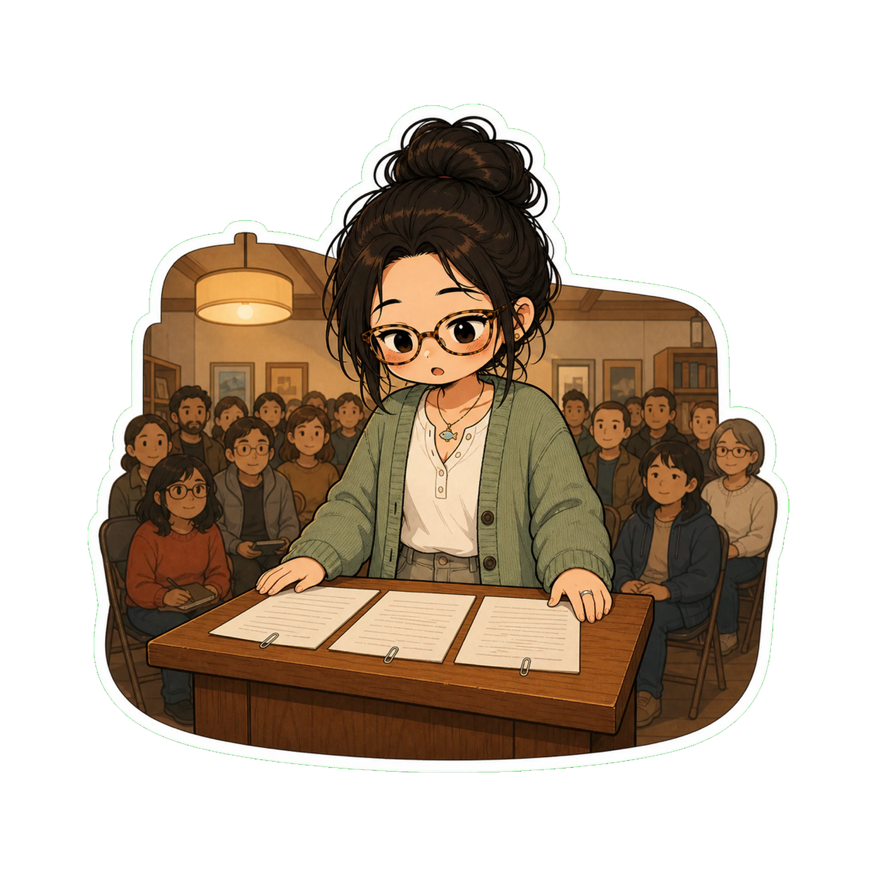 Jan at the lectern, mid-pause before her first sentence, the three paper-clipped pages on the wood