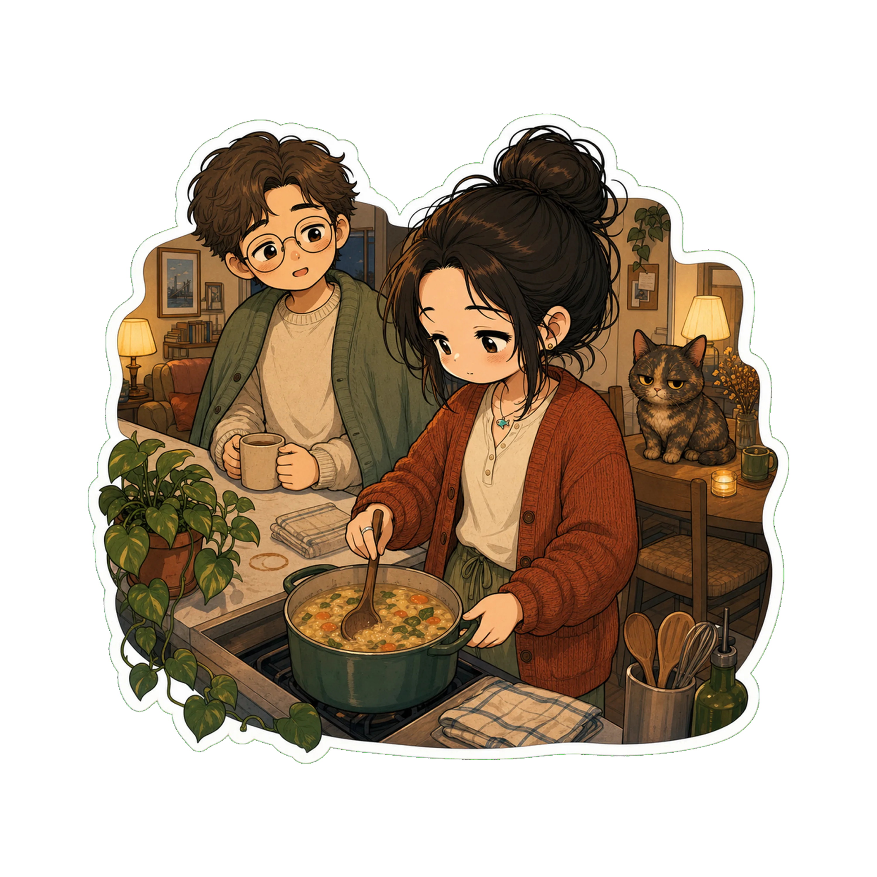 August inside Jan's apartment,  It is mid-evening on the fifth Tuesday (he had, that morning, asked if she wanted to grab dinner instead of coffee, and dinner had become dinner…