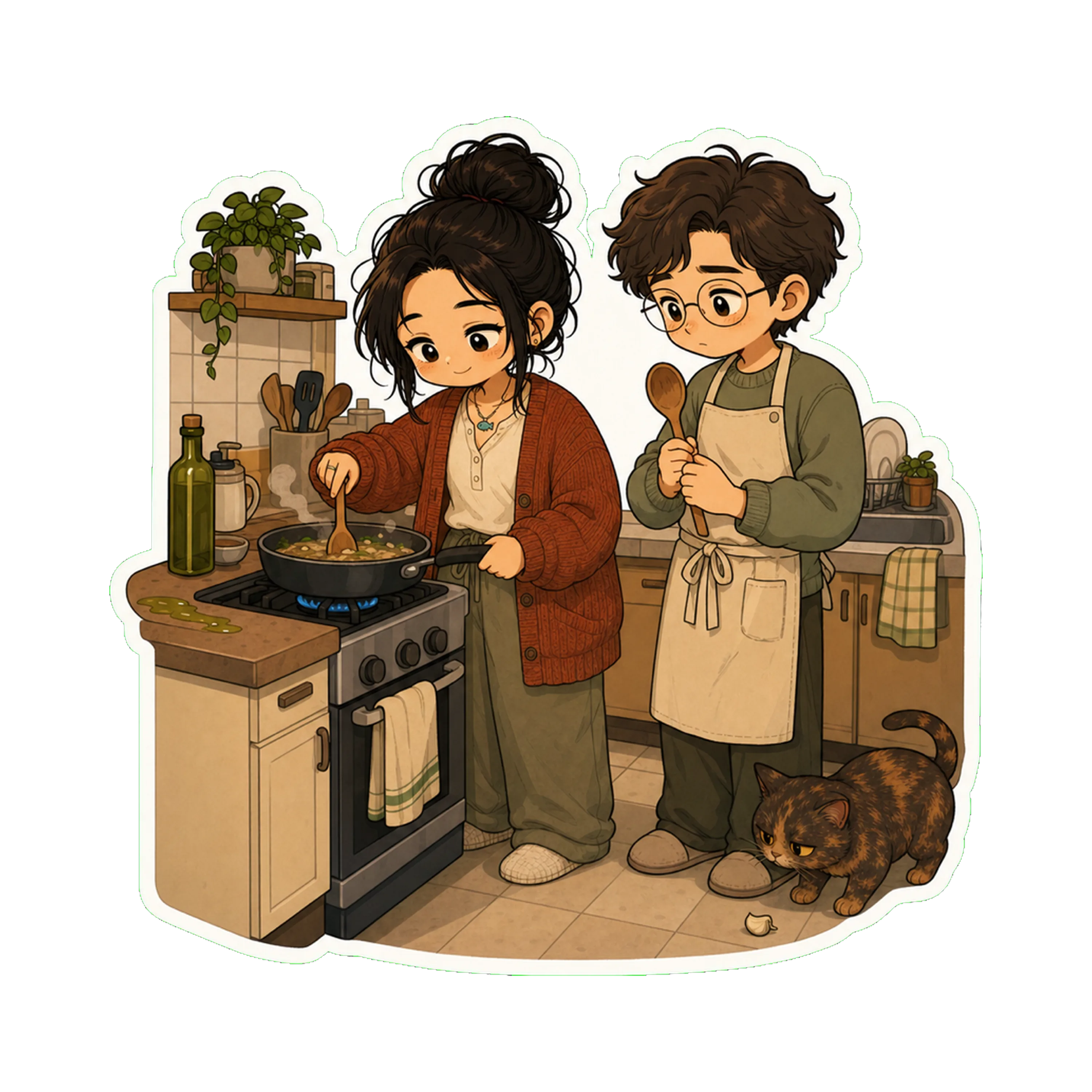 Jan and August in the kitchen on a Saturday evening