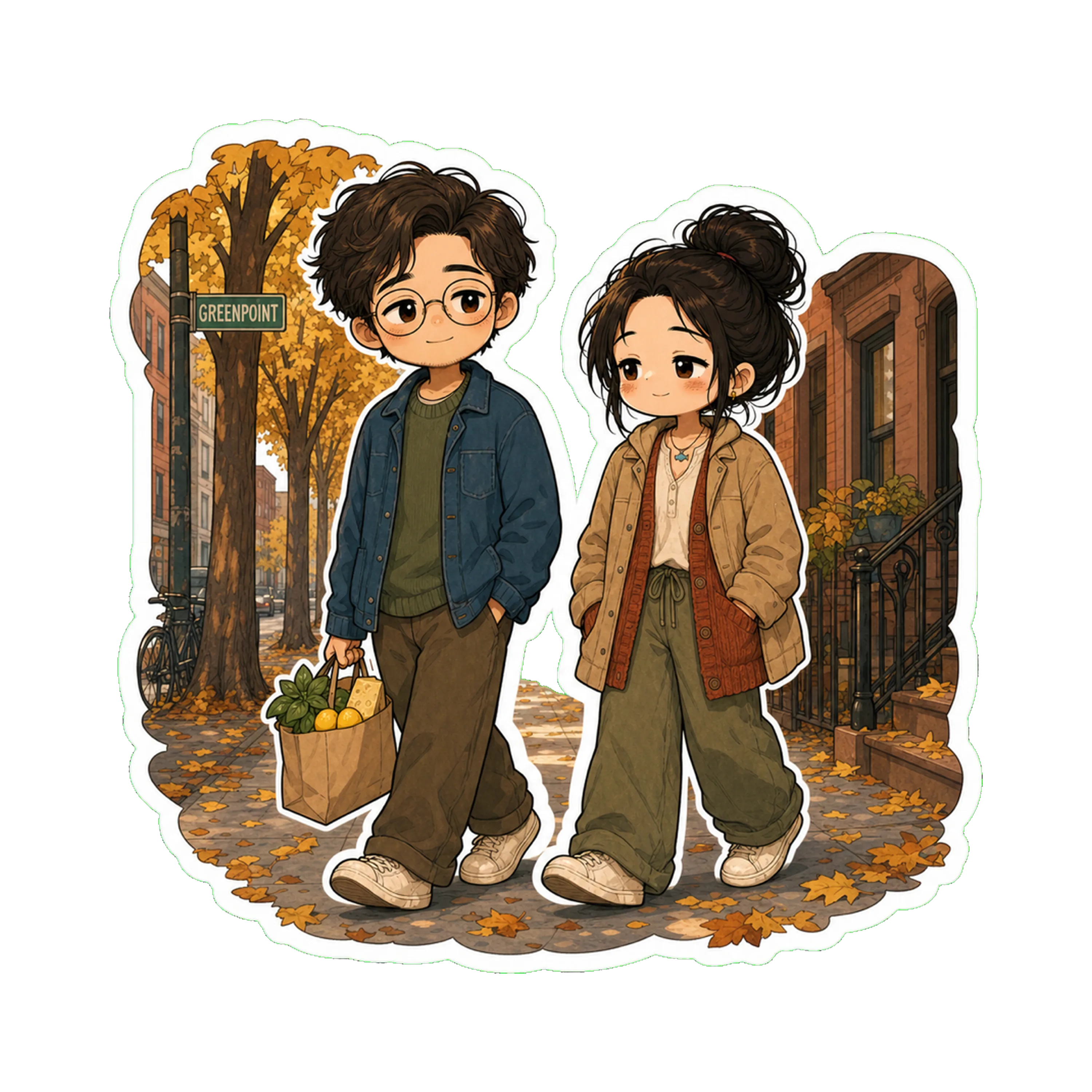 Jan and August walking down a tree-lined Greenpoint side street on a late-October afternoon — the leaves are doing the October thing, half-yellow, half-gold, half-still-on-the-tree