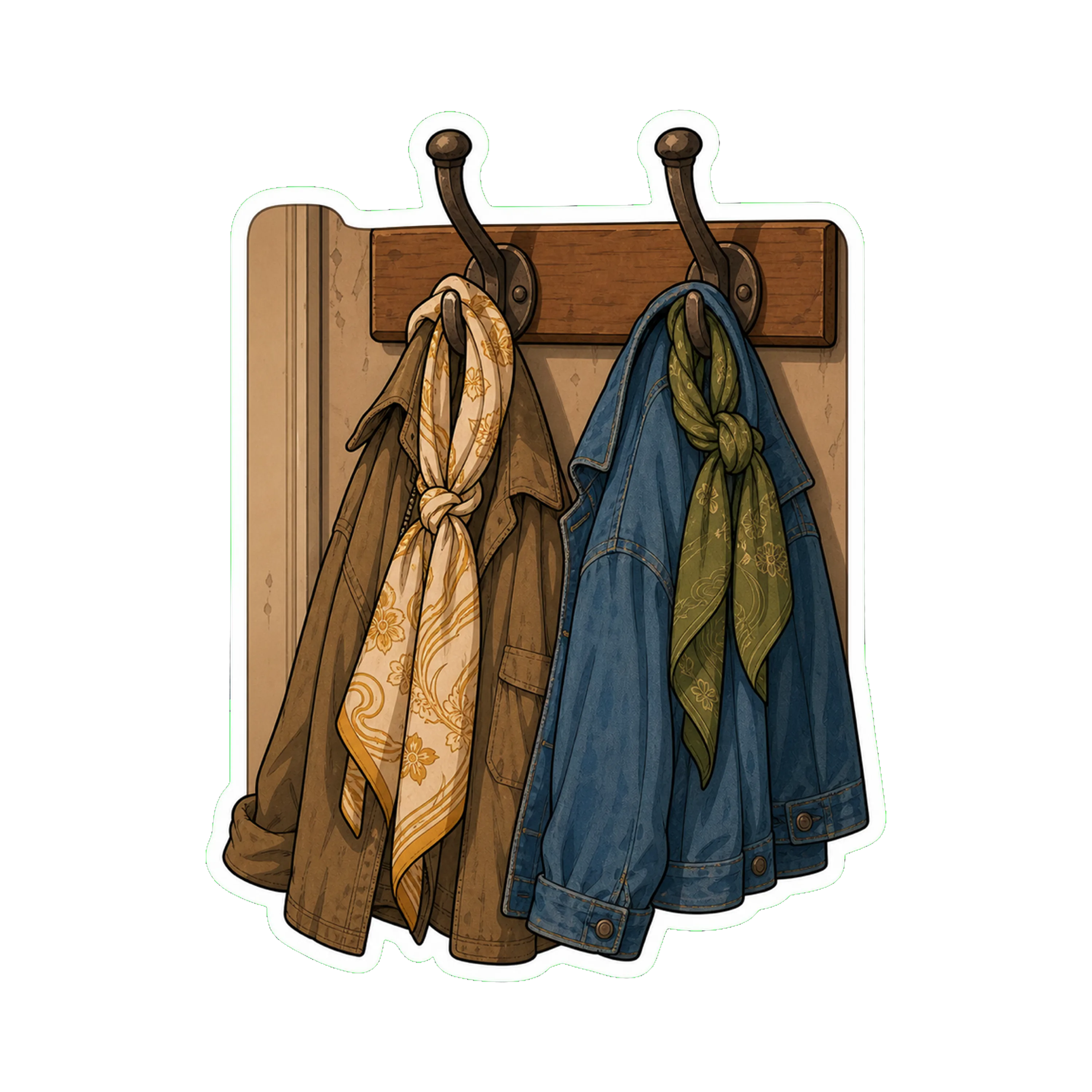 Close-up of Jan's front-door coat hooks, evening
