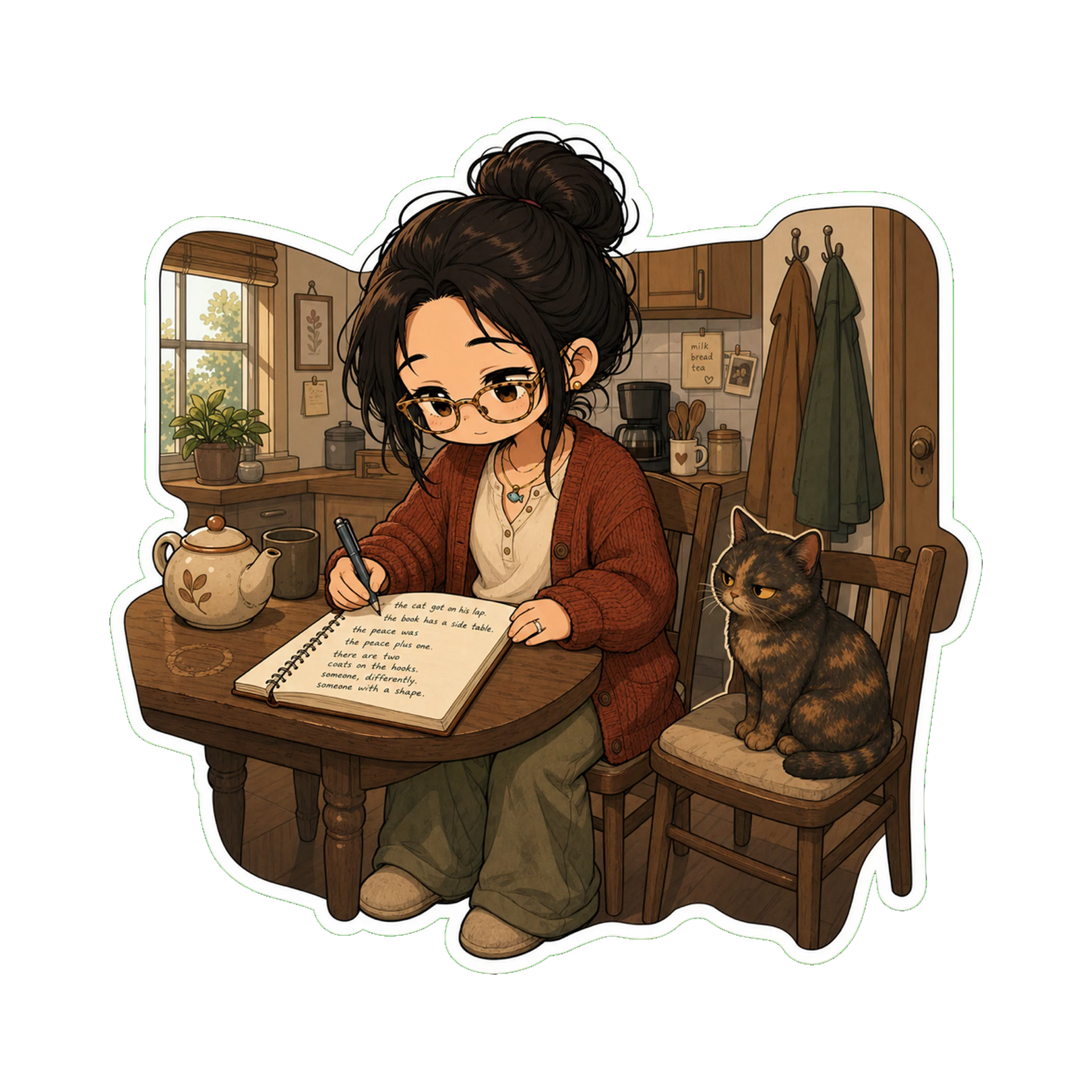 Wednesday morning, the kitchen table, the rust cardigan on