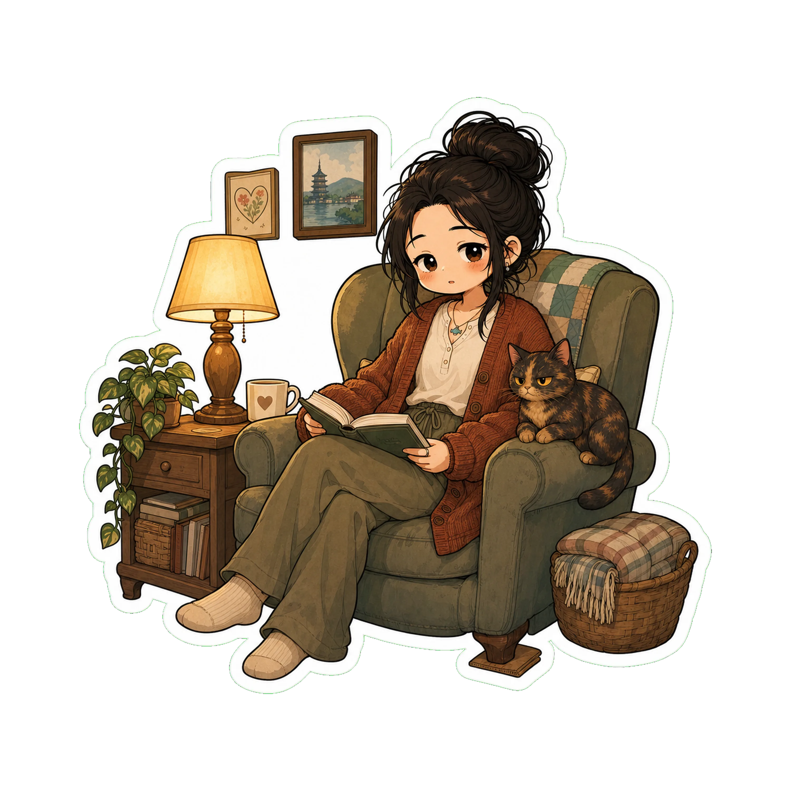 Jan in the chair (the slightly crooked beloved one), morning, lamp on (it's January — lamp is on early)