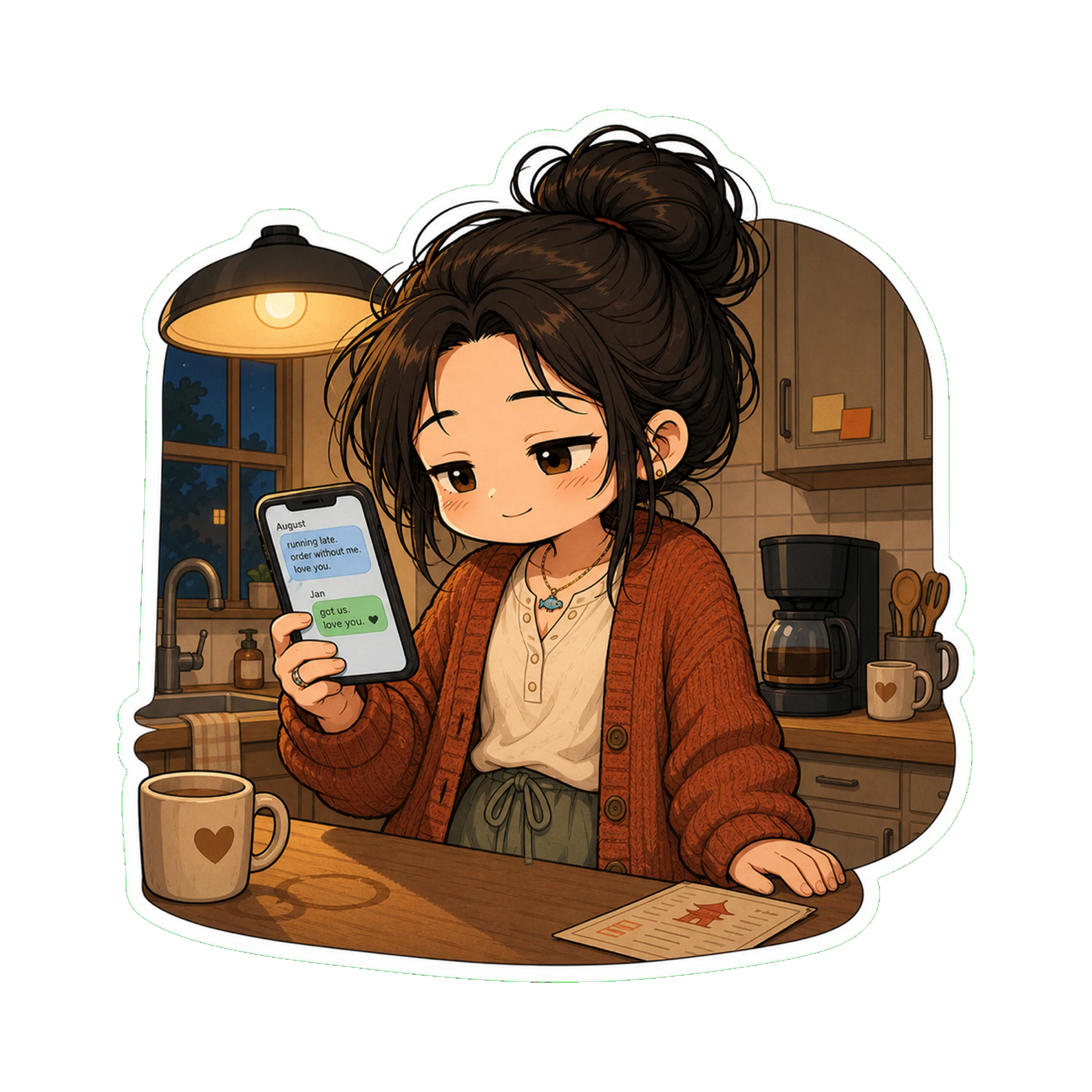 Jan at the kitchen counter, evening, a small text exchange open on her phone