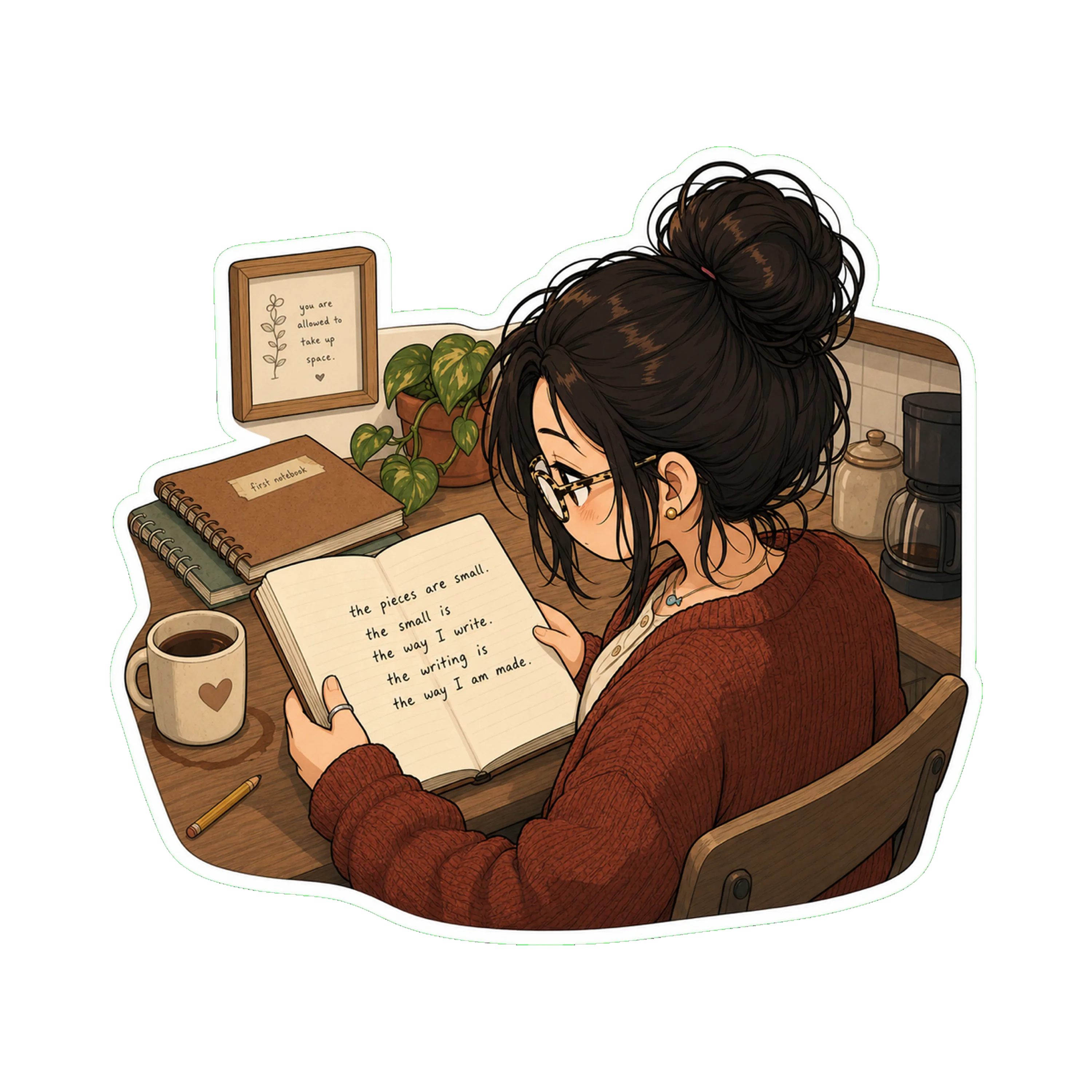 Jan at the kitchen table in the morning, the  to a near-the-end page