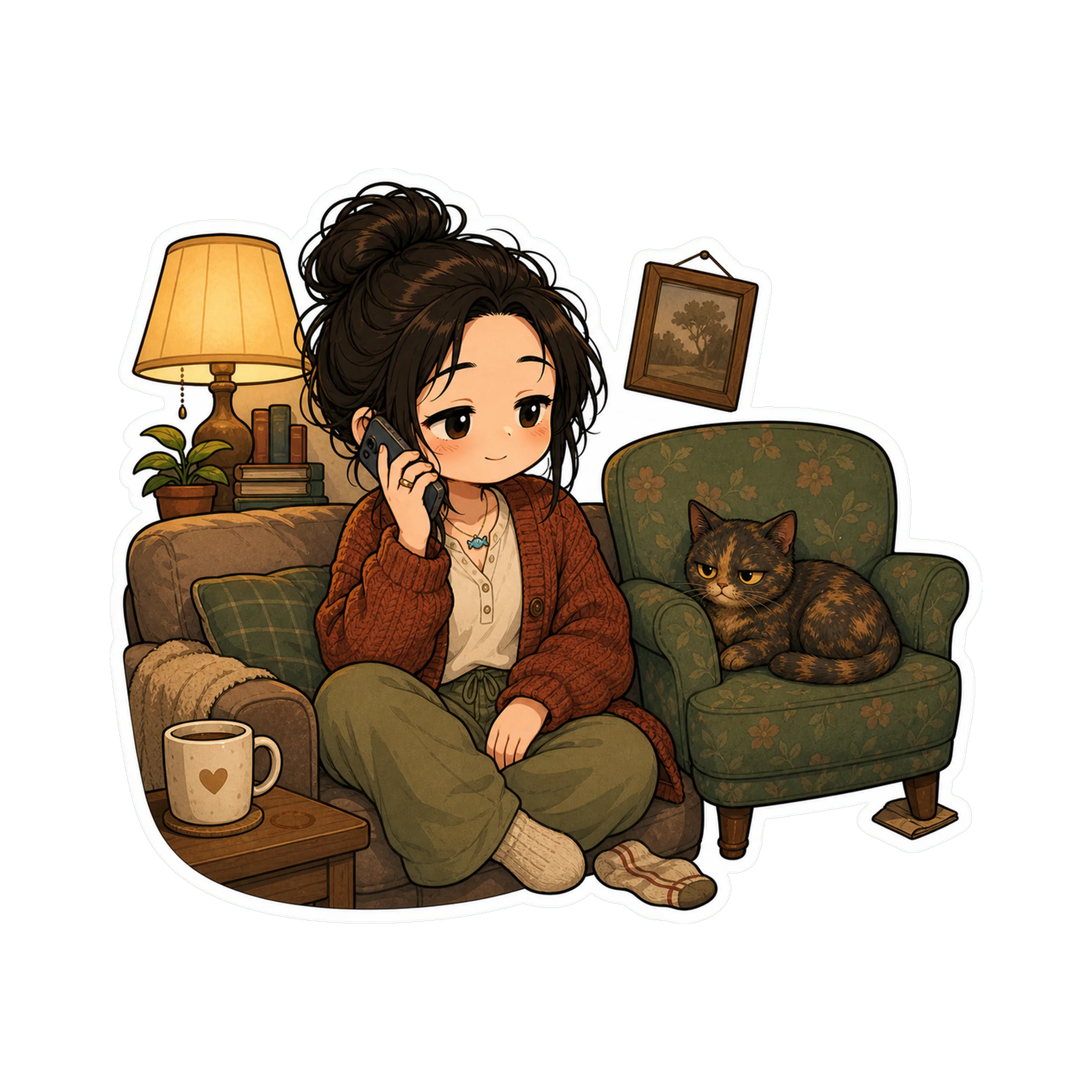 Jan on the couch in the evening, lamp on, phone to her ear — *not* on speaker, this is a call, not a voice note