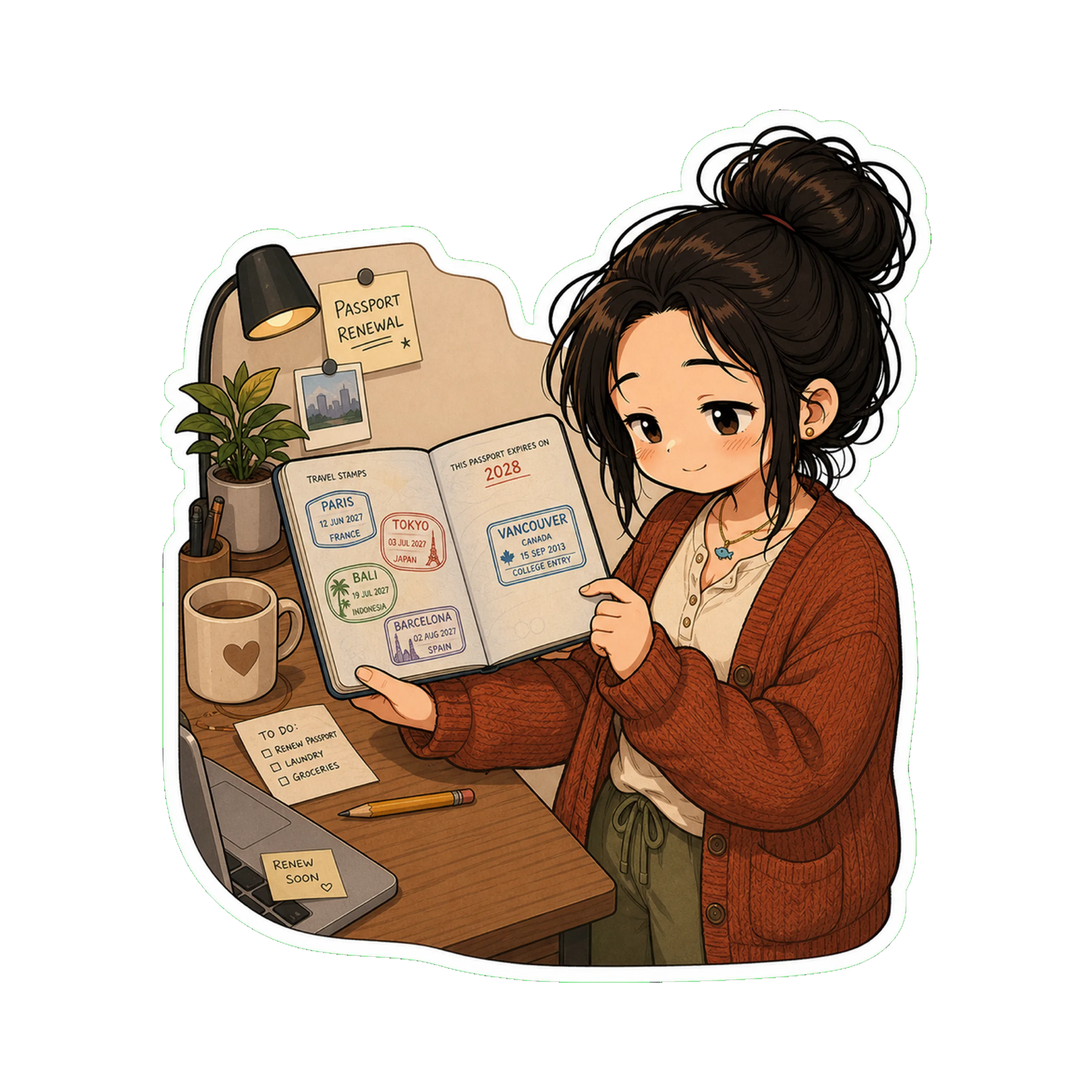 Jan at the standing desk, the passport open in front of her