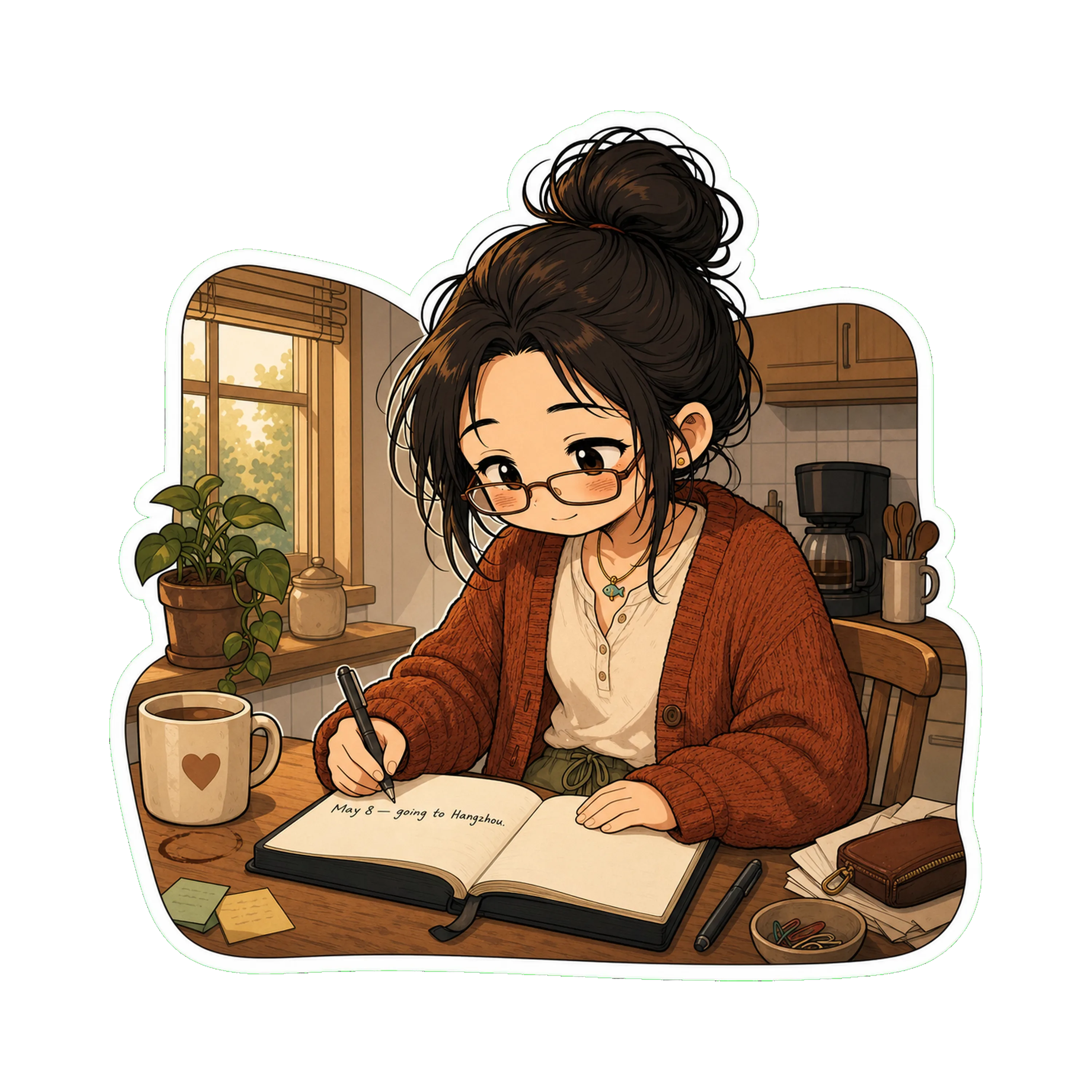 Jan at the kitchen table, the  The first line written in her handwriting: *'May 8 — going to Hangzhou.'* The reading glasses on
